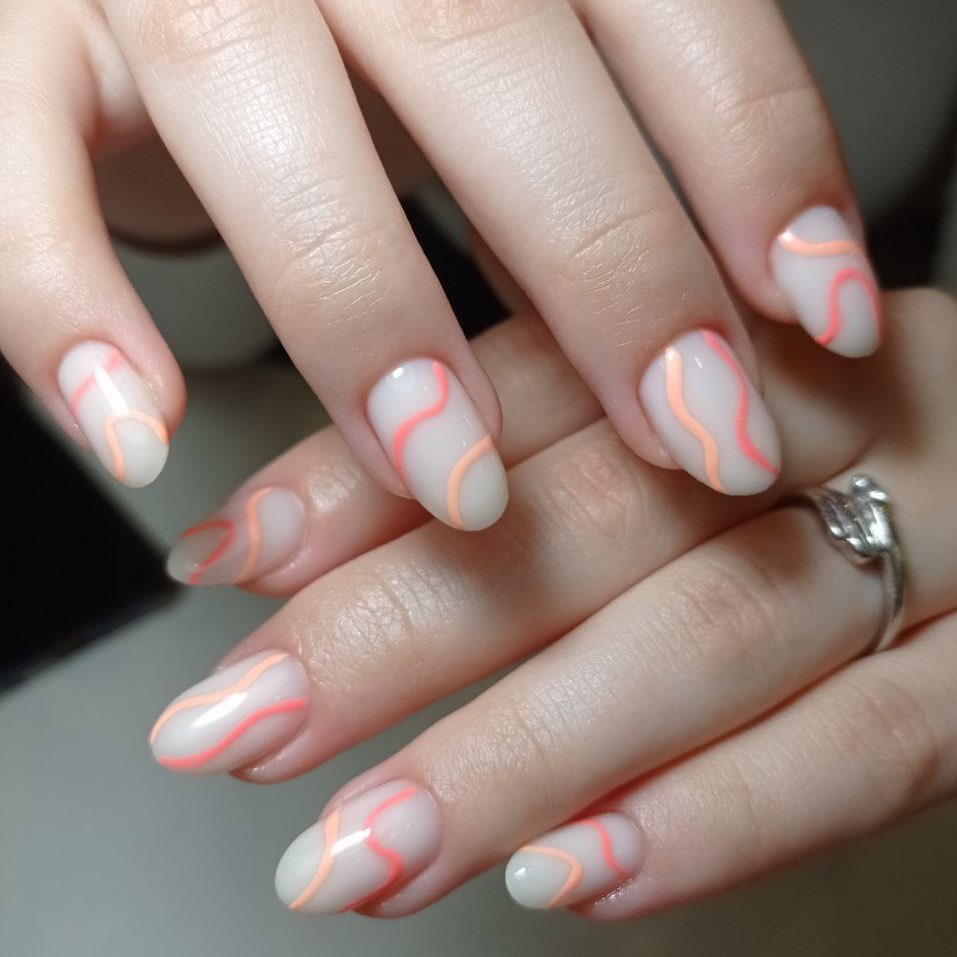 Milky Swirls Orange Peach Abstract Wavy Nails