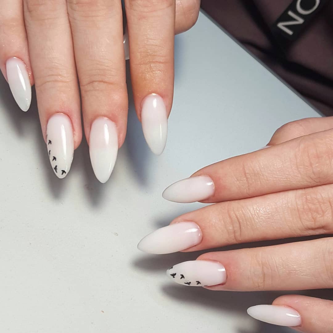 Milky White Almond Nails With Delicate Bird Decals