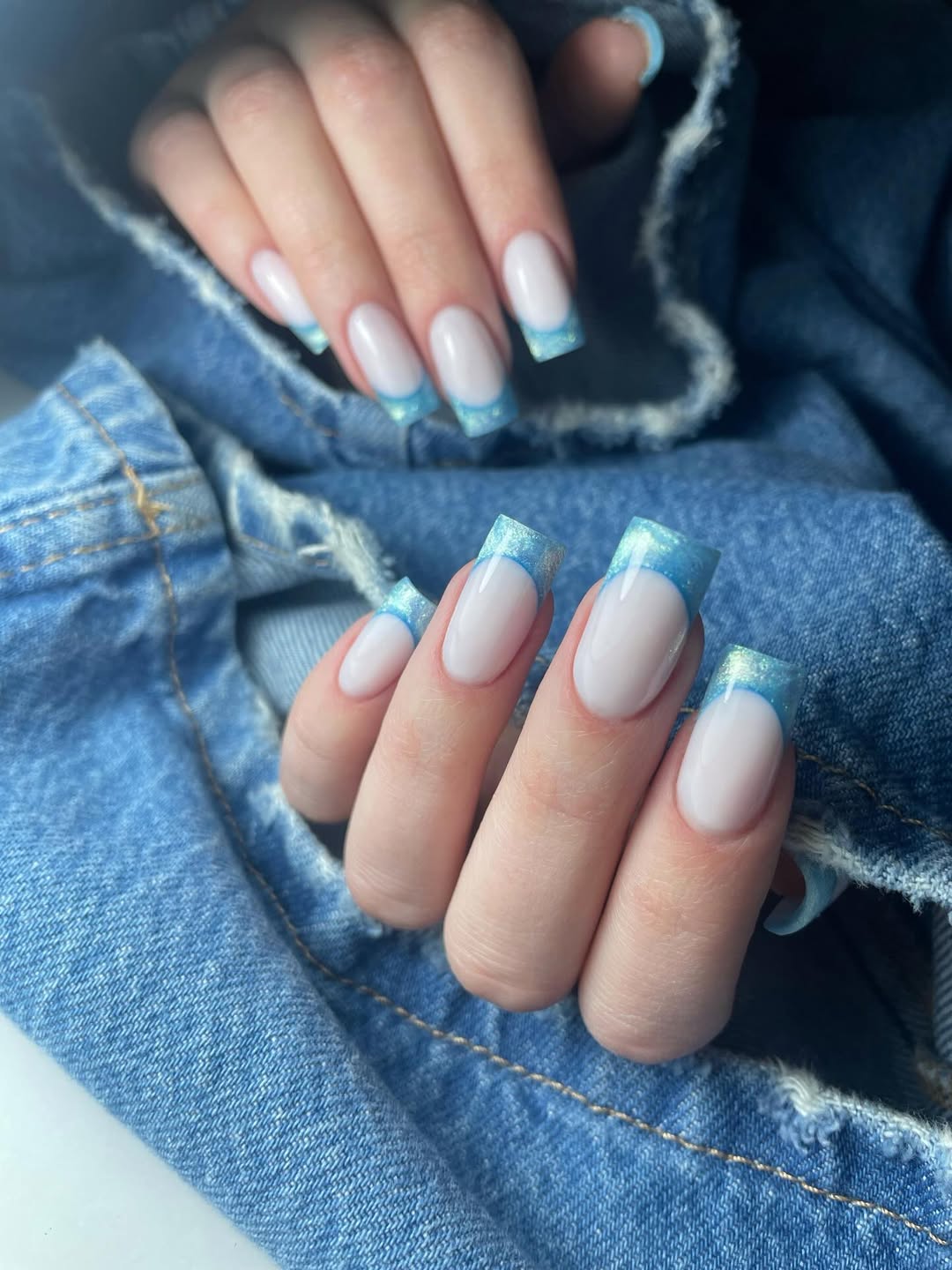 Milky White Baby Blue Glitter French Tips