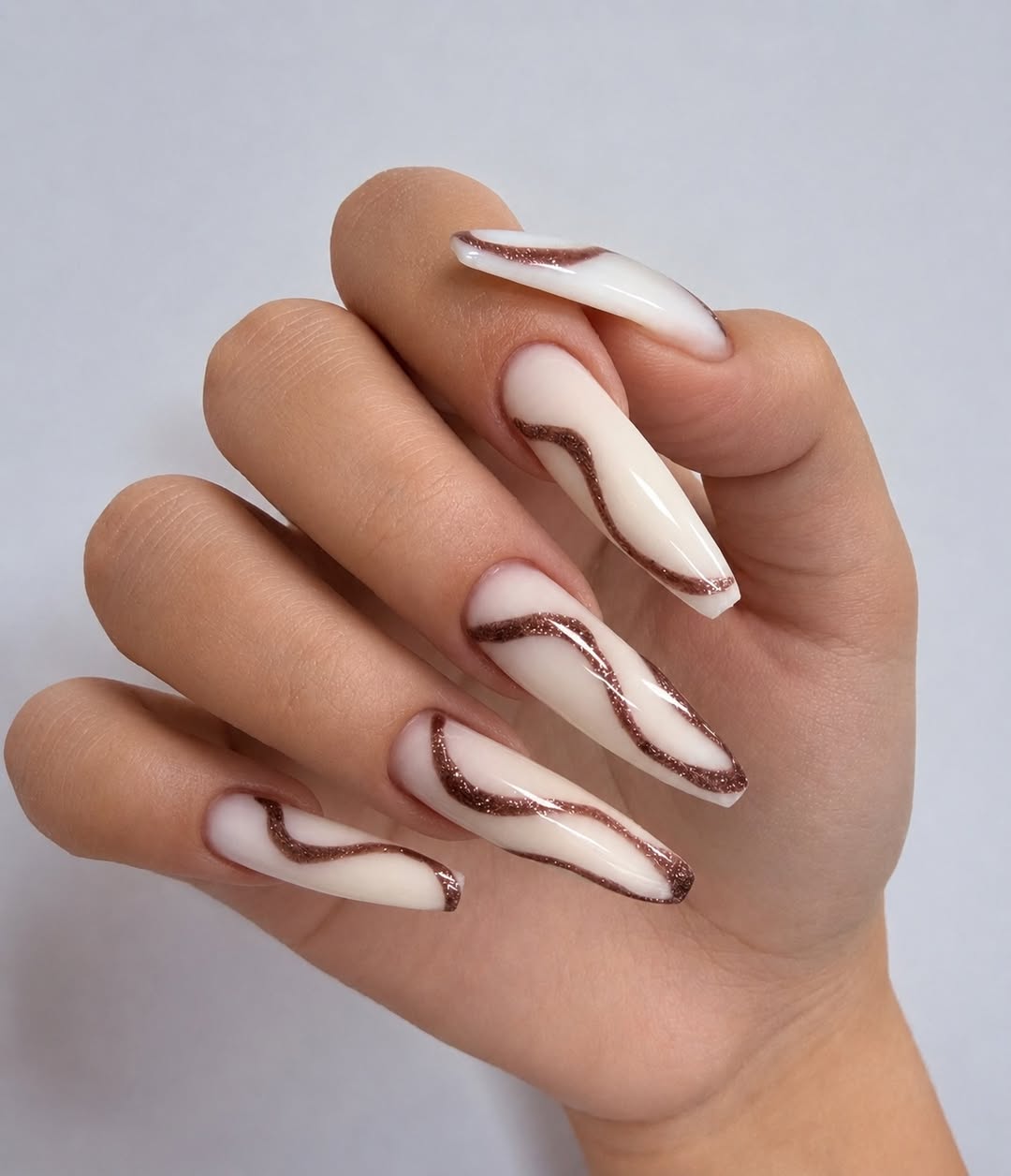 Milky White Coffin Nails with Glitter Swirls
