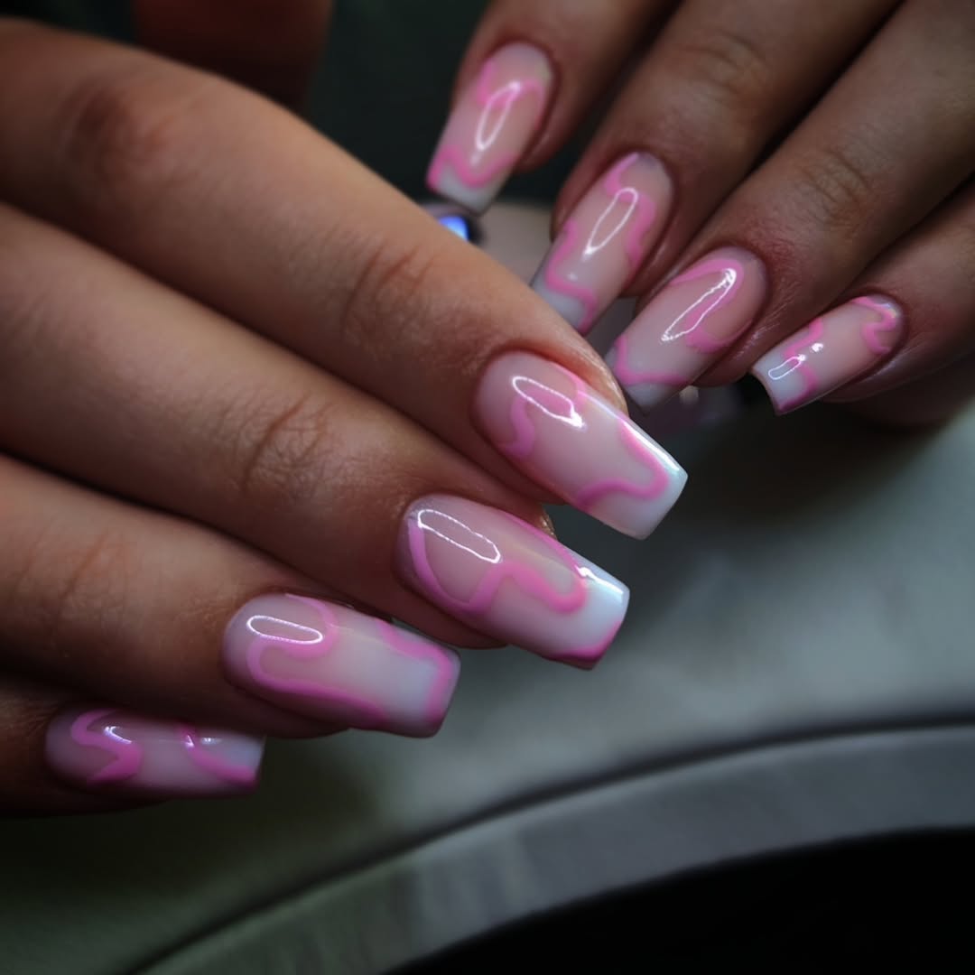 Milky White Coffin Nails With Pink Swirl Outline
