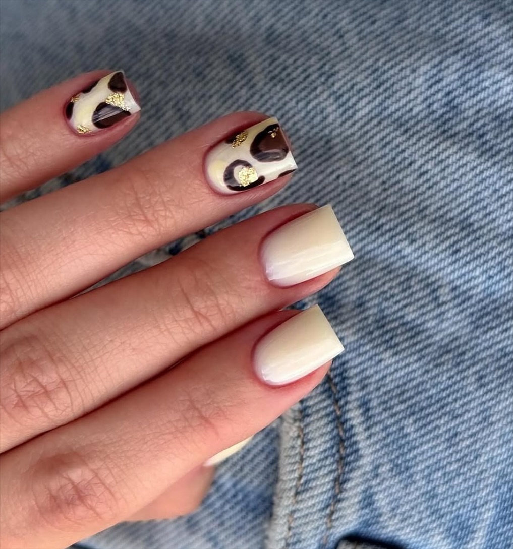 Milky White Cow Print Square Nails