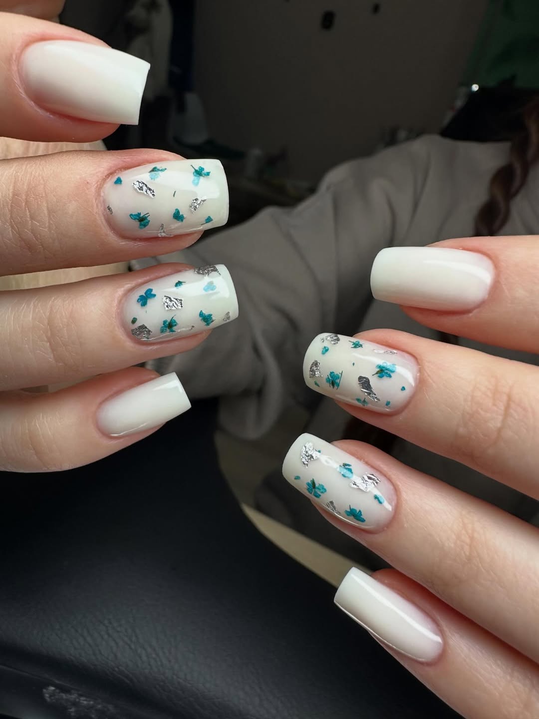 Milky White Floral Encapsulated Square Nails