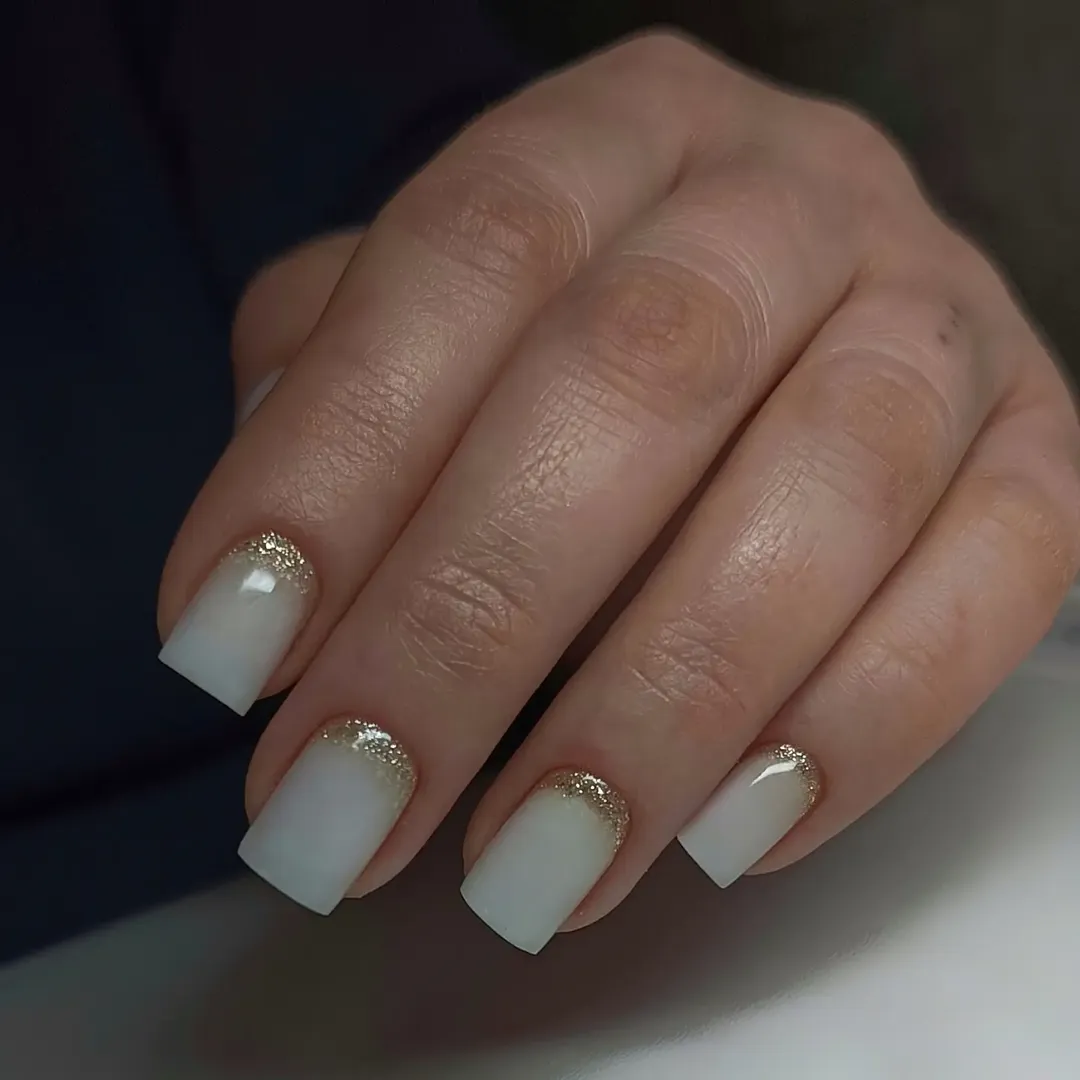 Milky White Inverted Gold Glitter Square Nails