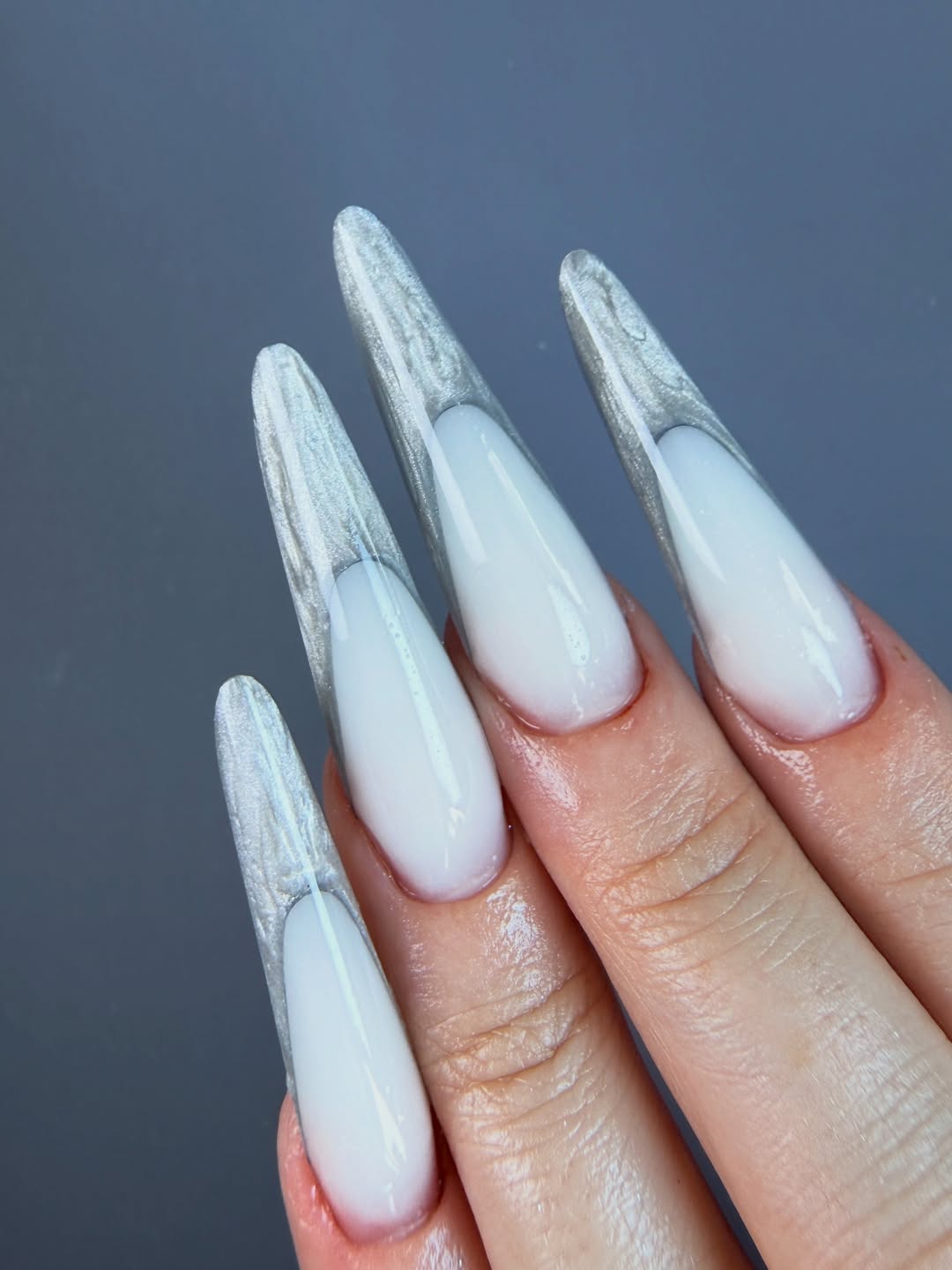 Milky White Jelly Marble Silver Stiletto Nails