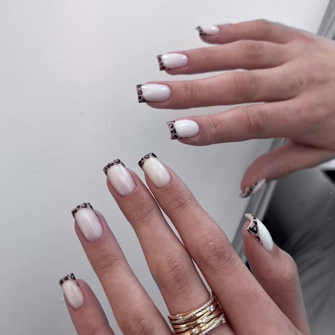 Milky White Leopard Print French Tip Square Nails