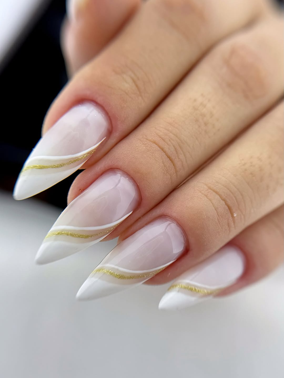 Milky White Wave French Tips with Gold Glitter