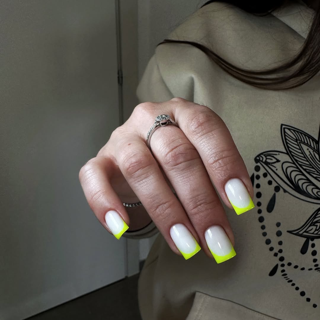 Milky White with Neon Yellow Square French Tips