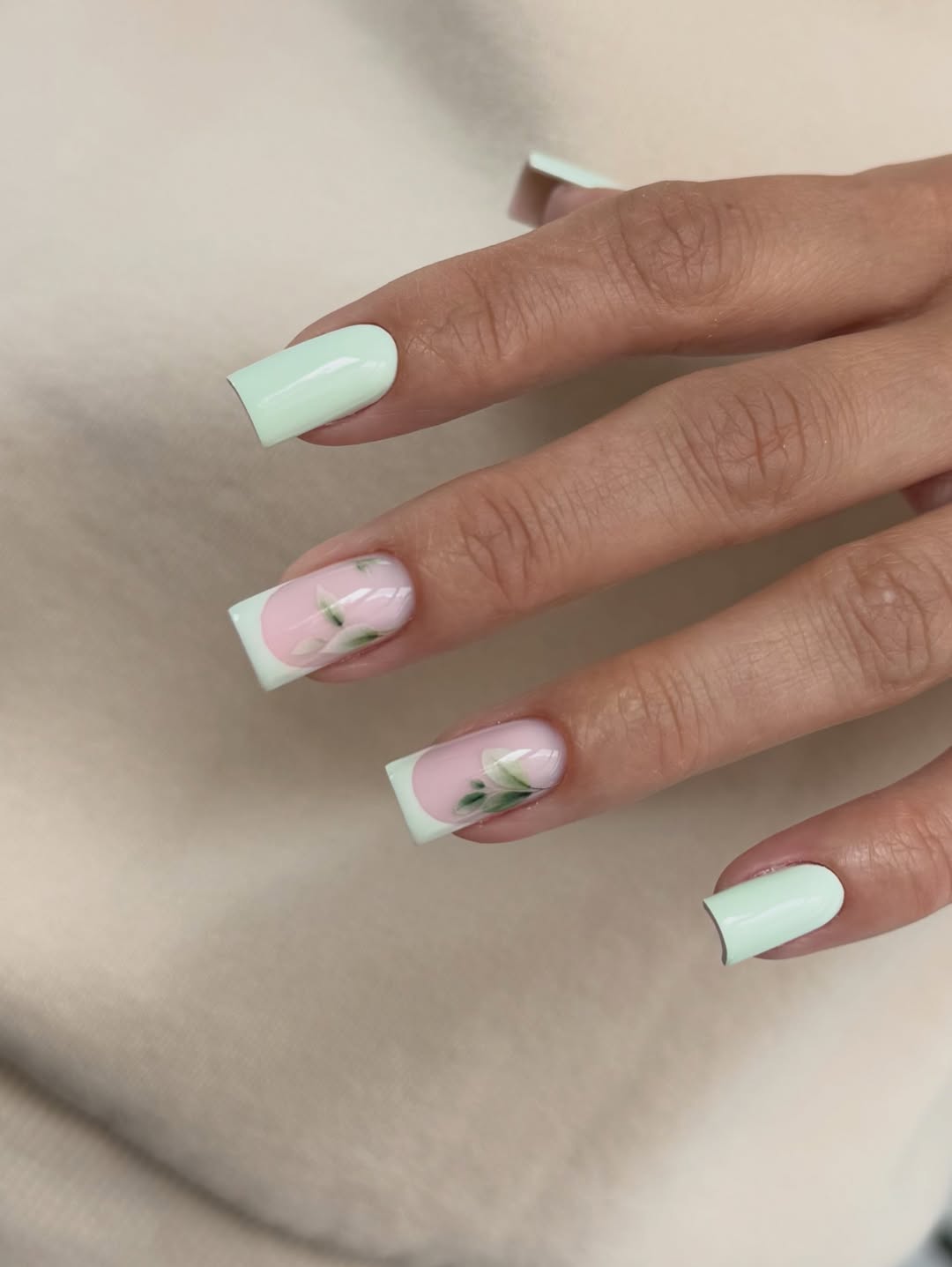 Mint Green and Pink Floral French Tip Square Nails