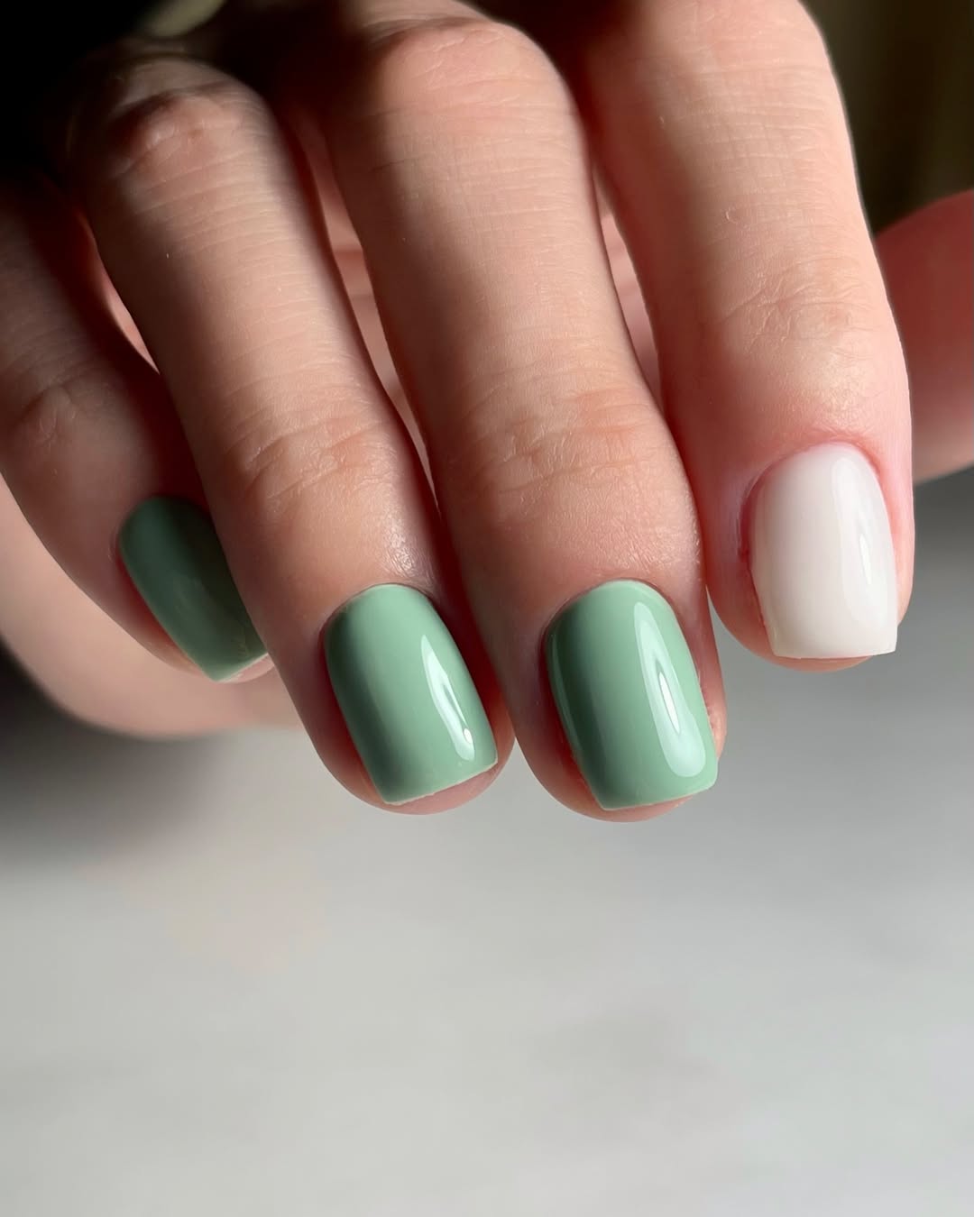 Mint Green and White Glossy Short Square Nails