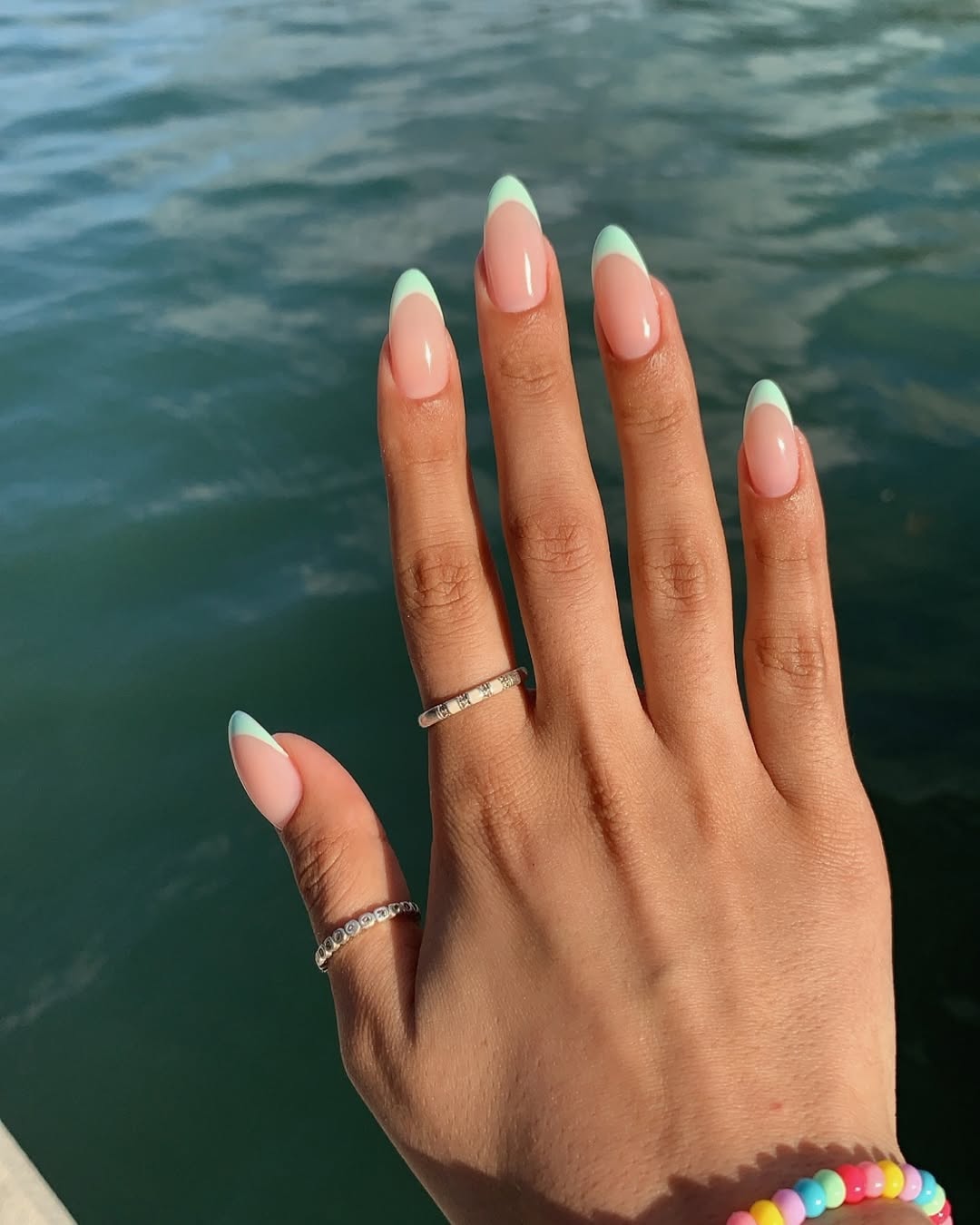 Mint Green French Tip Almond Nails