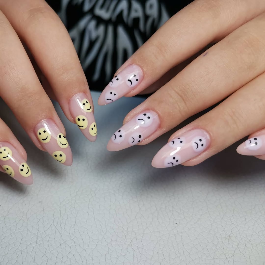 Mixed Emotion Smiley Face Glossy Stiletto Nails