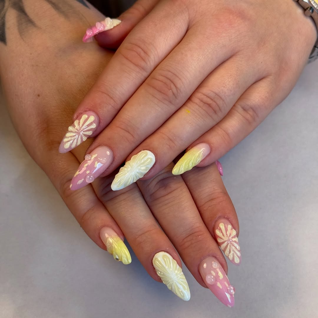 Multi-Color 3D Floral Stiletto Nails