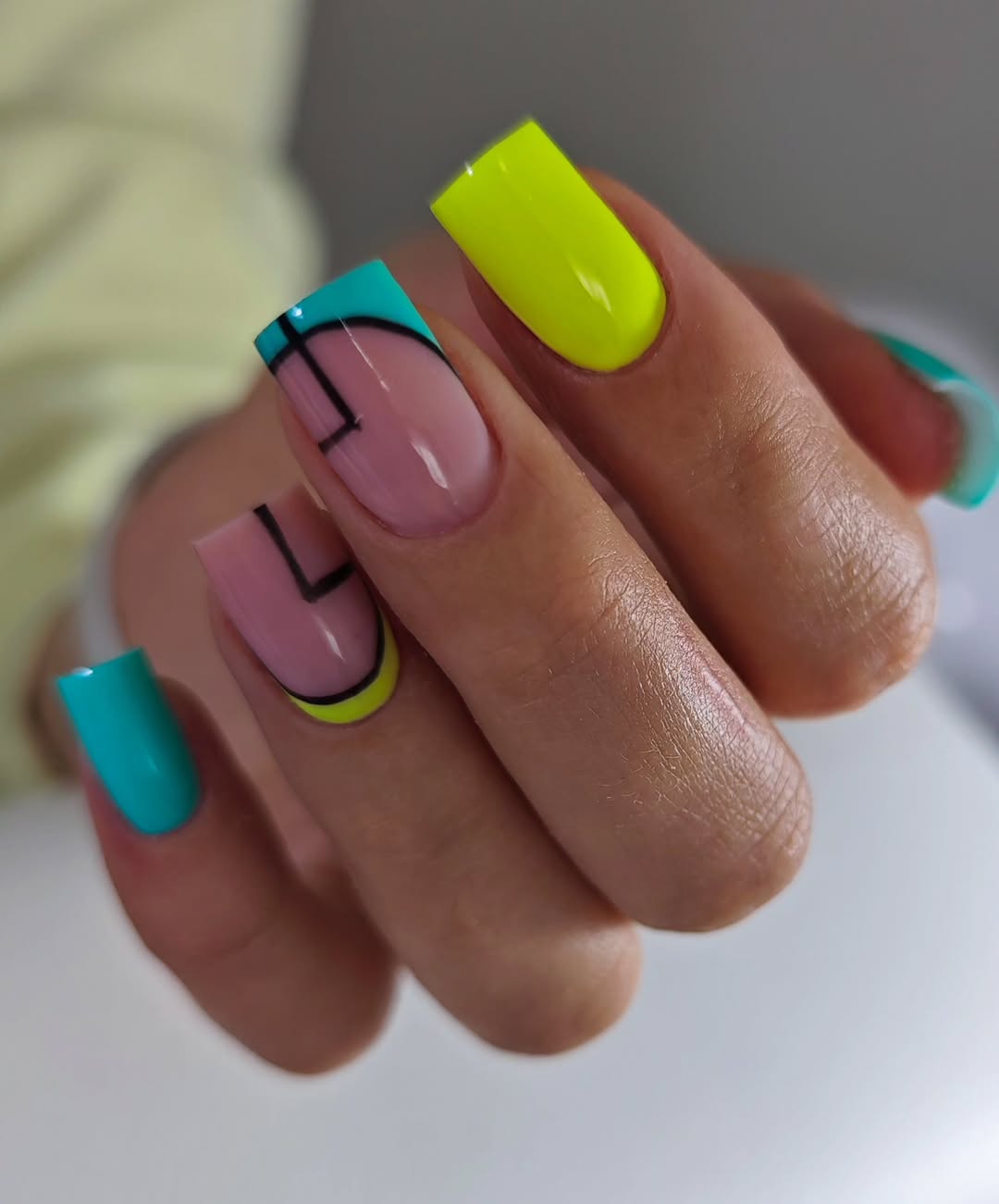 Neon Abstract French Tips with Teal Accents