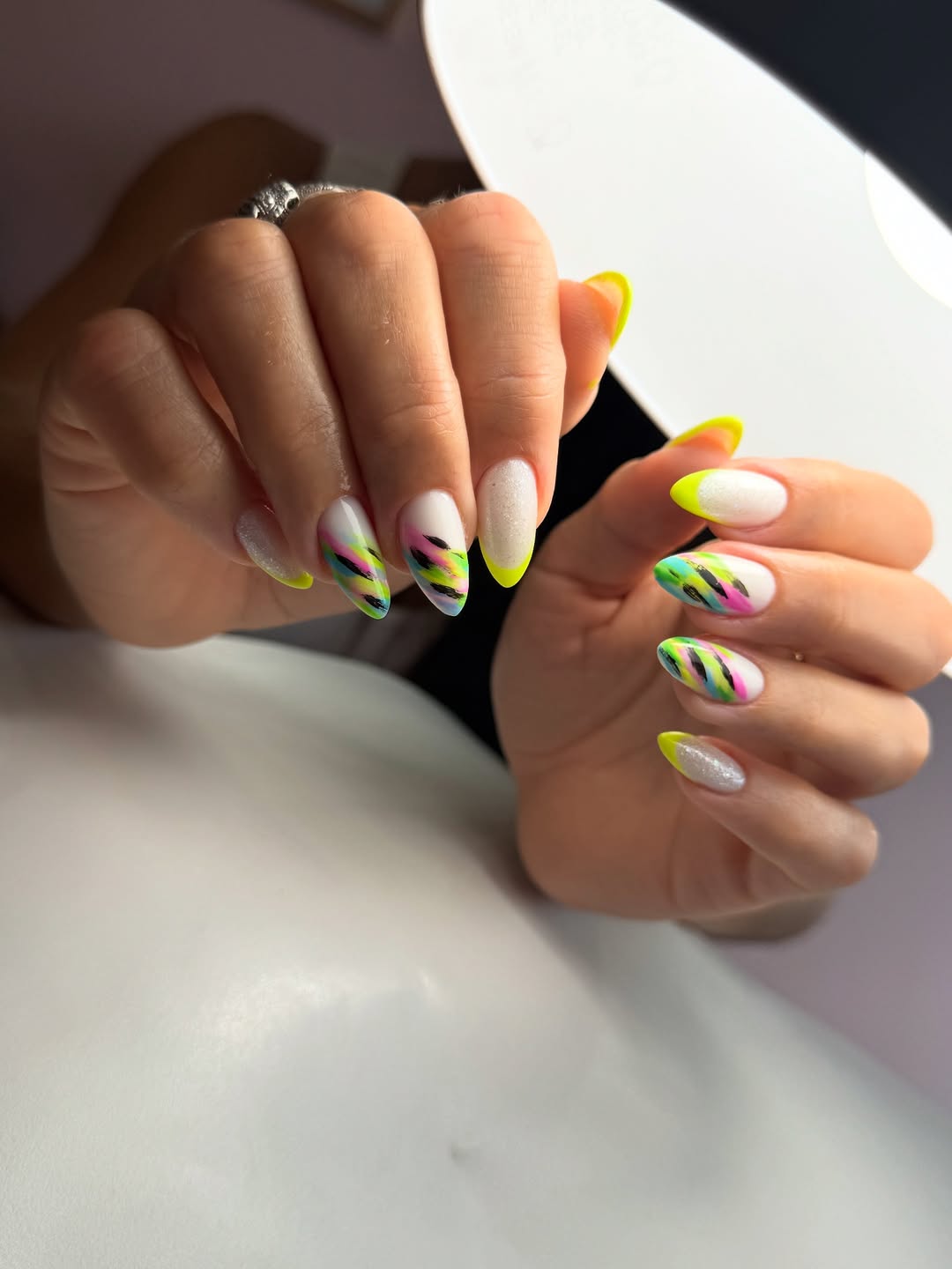 Neon Abstract White Oval French Manicure