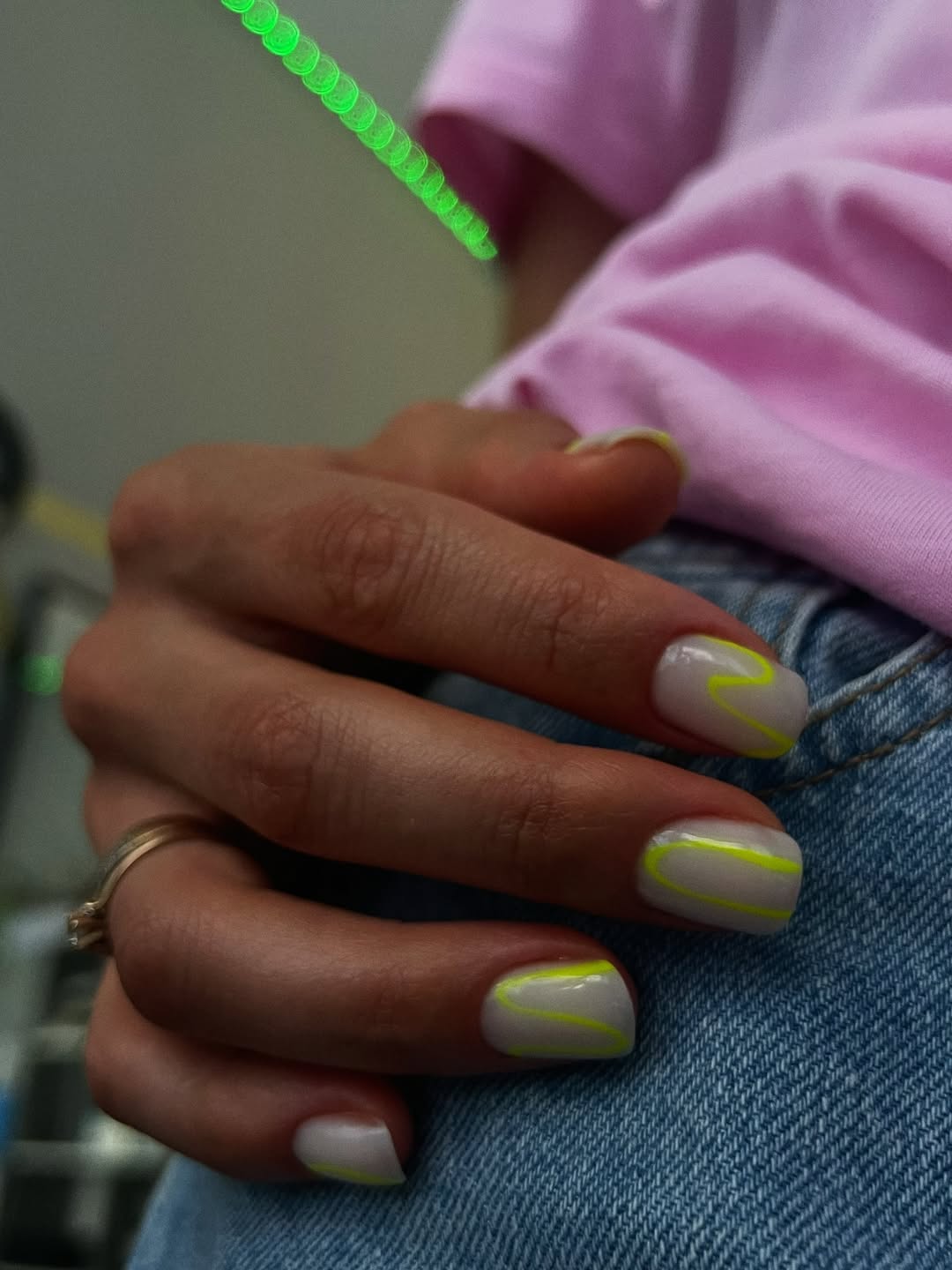 Neon Chartreuse Swirl Abstract Short Squoval Nails