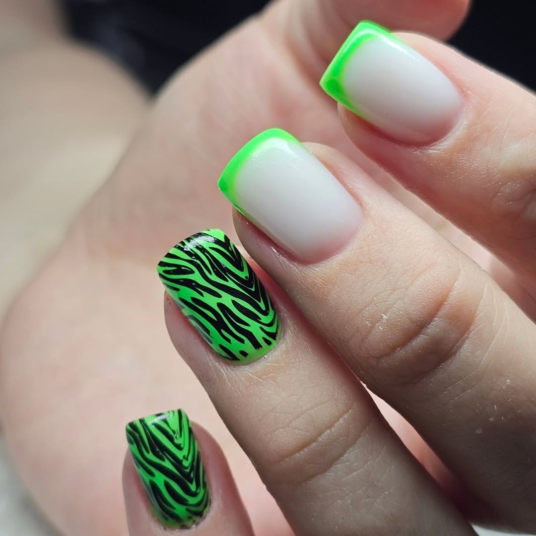 Neon Green French Tips and Zebra Print