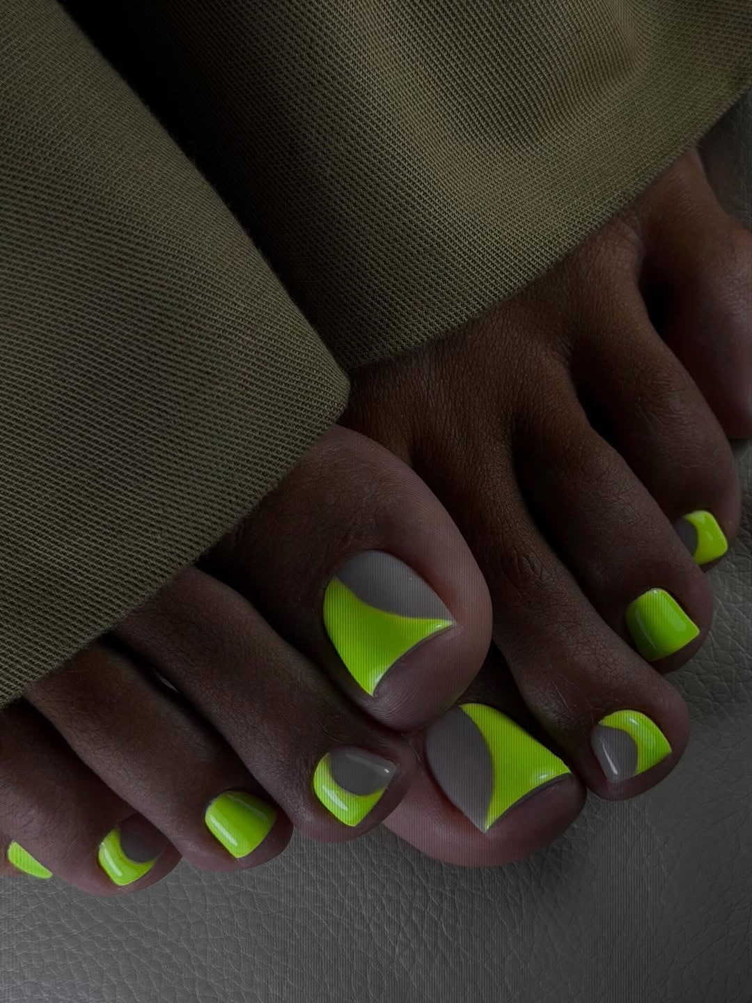 Neon Lime Geometric Pedicure with Negative Space Accents