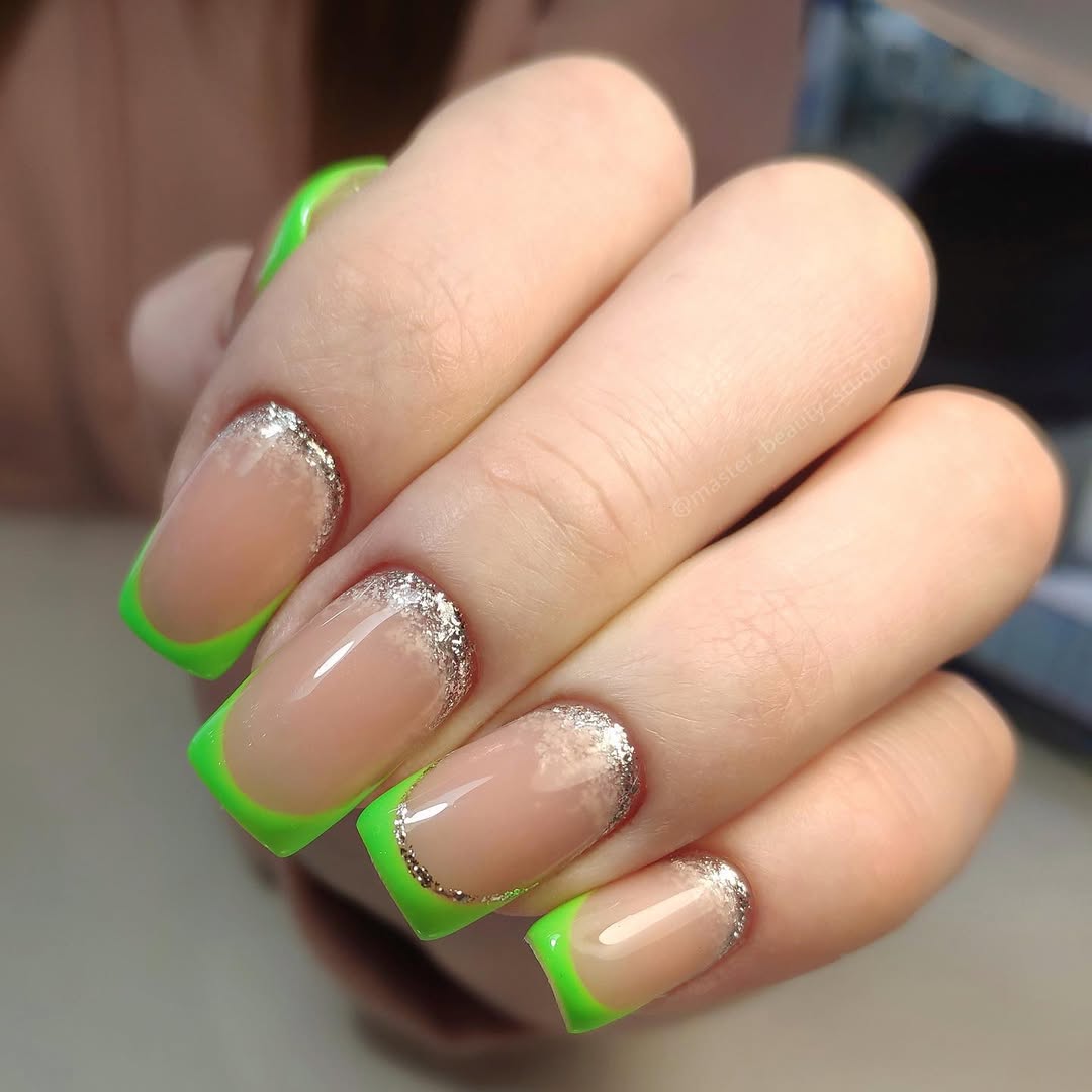 Neon Lime Green and Glitter French Tip Nails