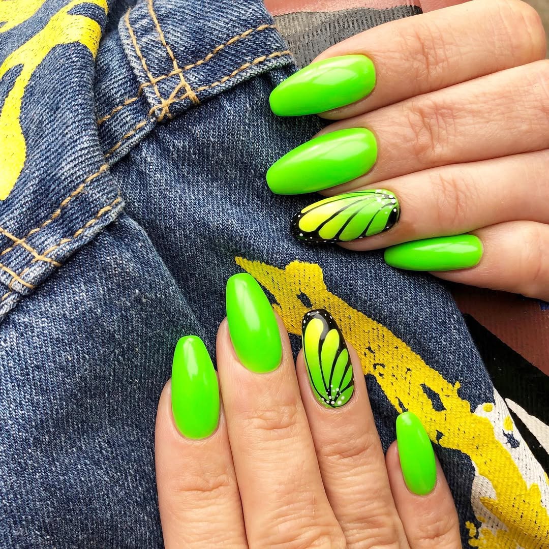 Neon Lime Green Butterfly Accent Almond Nails