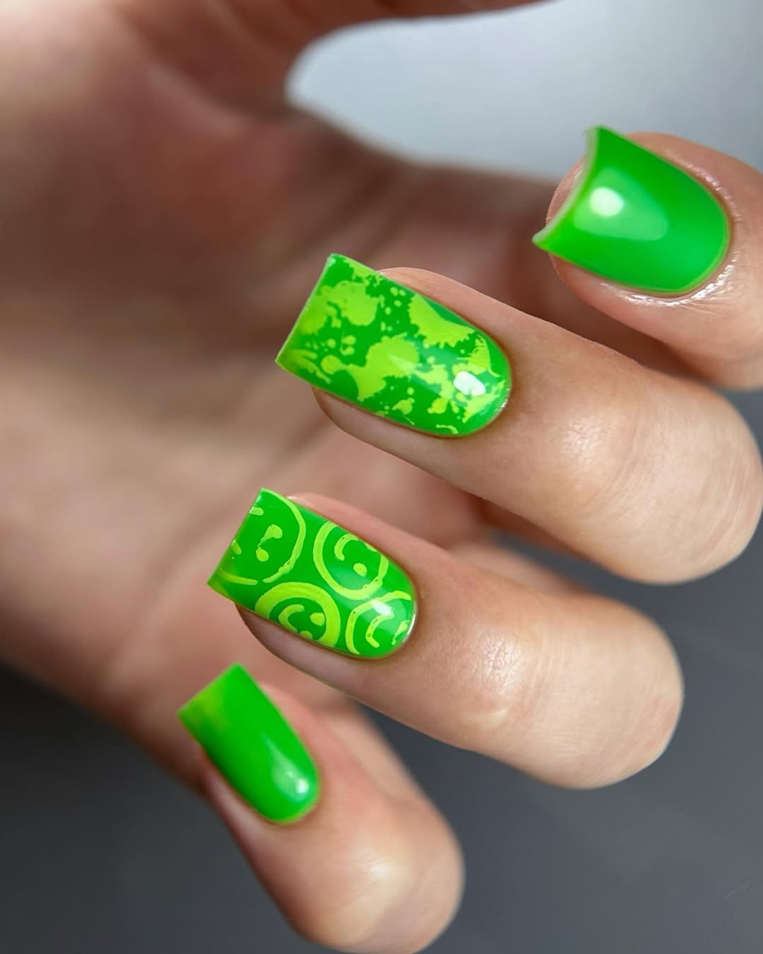 Neon Lime Green Coffin Nails With Swirls And Splatters