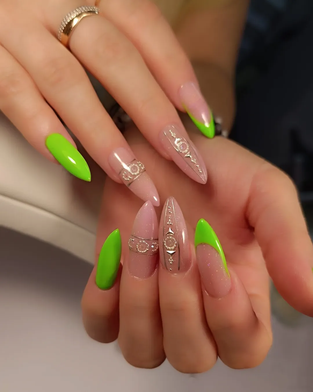 Neon Lime Green French Tips With Statement Rhinestone Accents