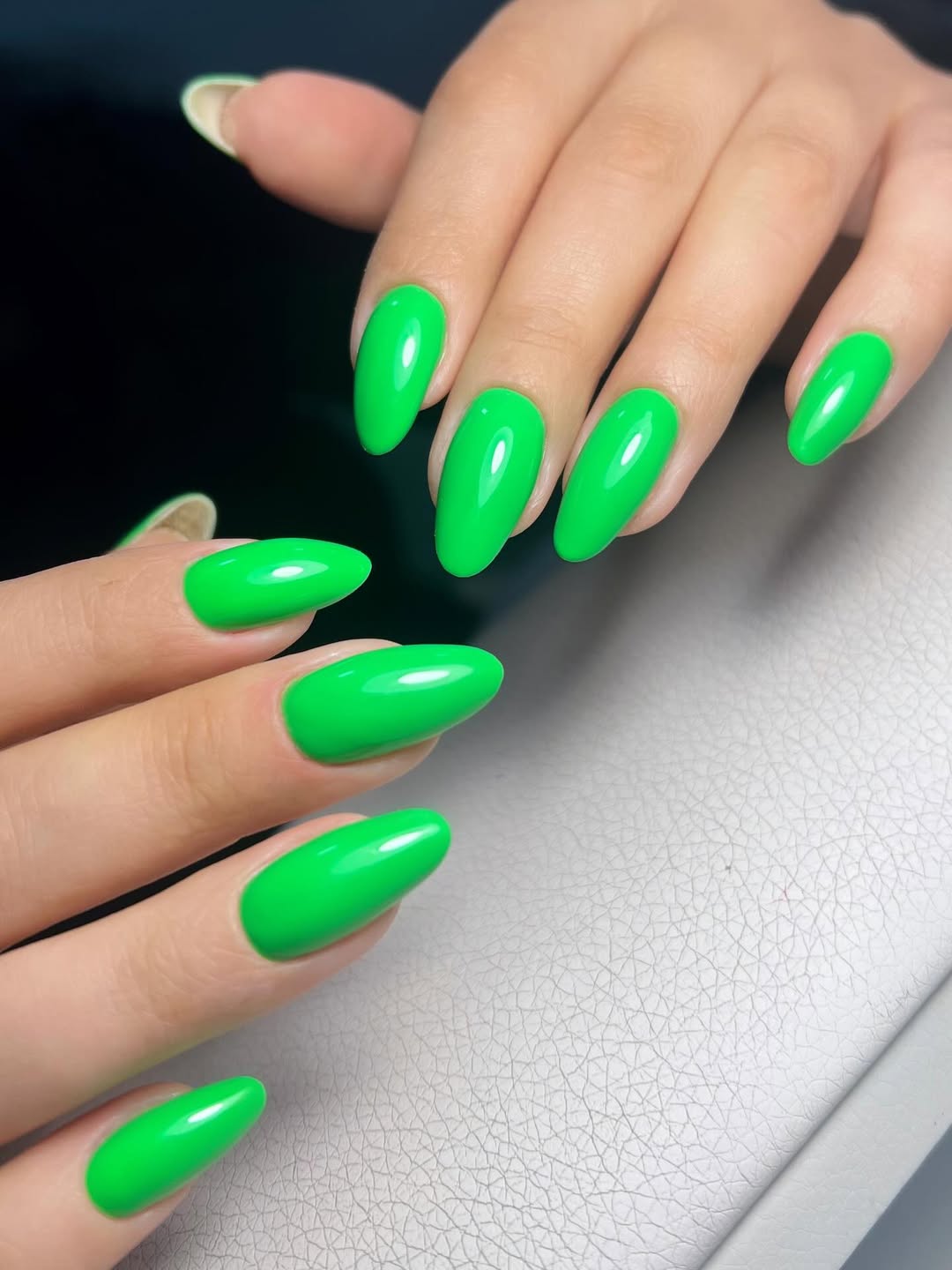 Neon Lime Green Glossy Almond Nails