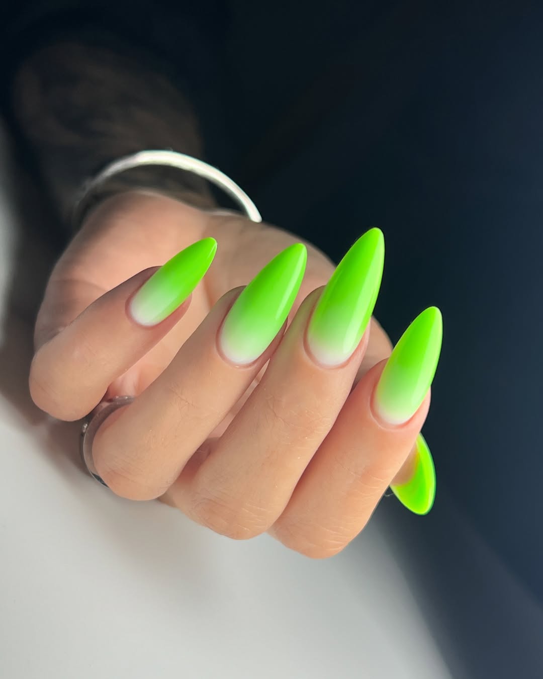 Neon Lime Green Ombré Stiletto Nails