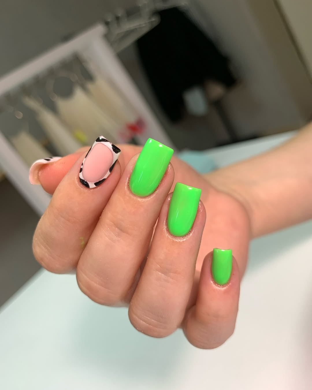 Neon Lime Green Square Tips with Cow Print Accent