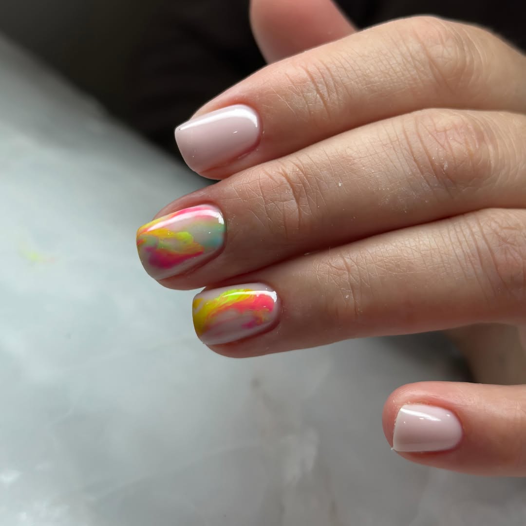 Neon Marble Swirl Short Squoval Summer Nails