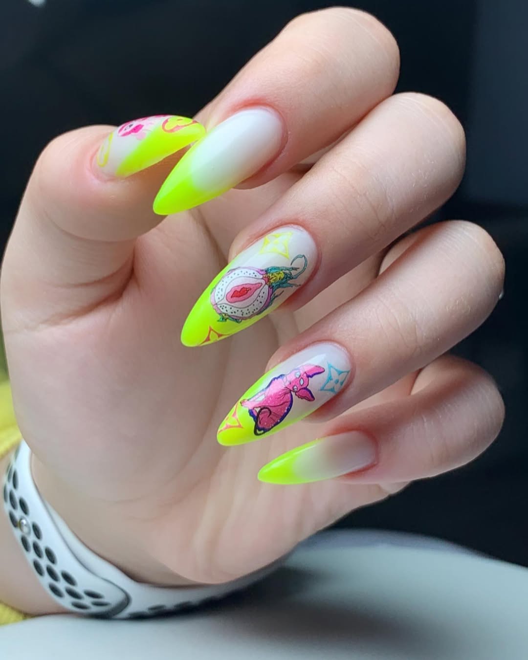 Neon Ombré Almond Nails with Quirky Hand-Painted Art