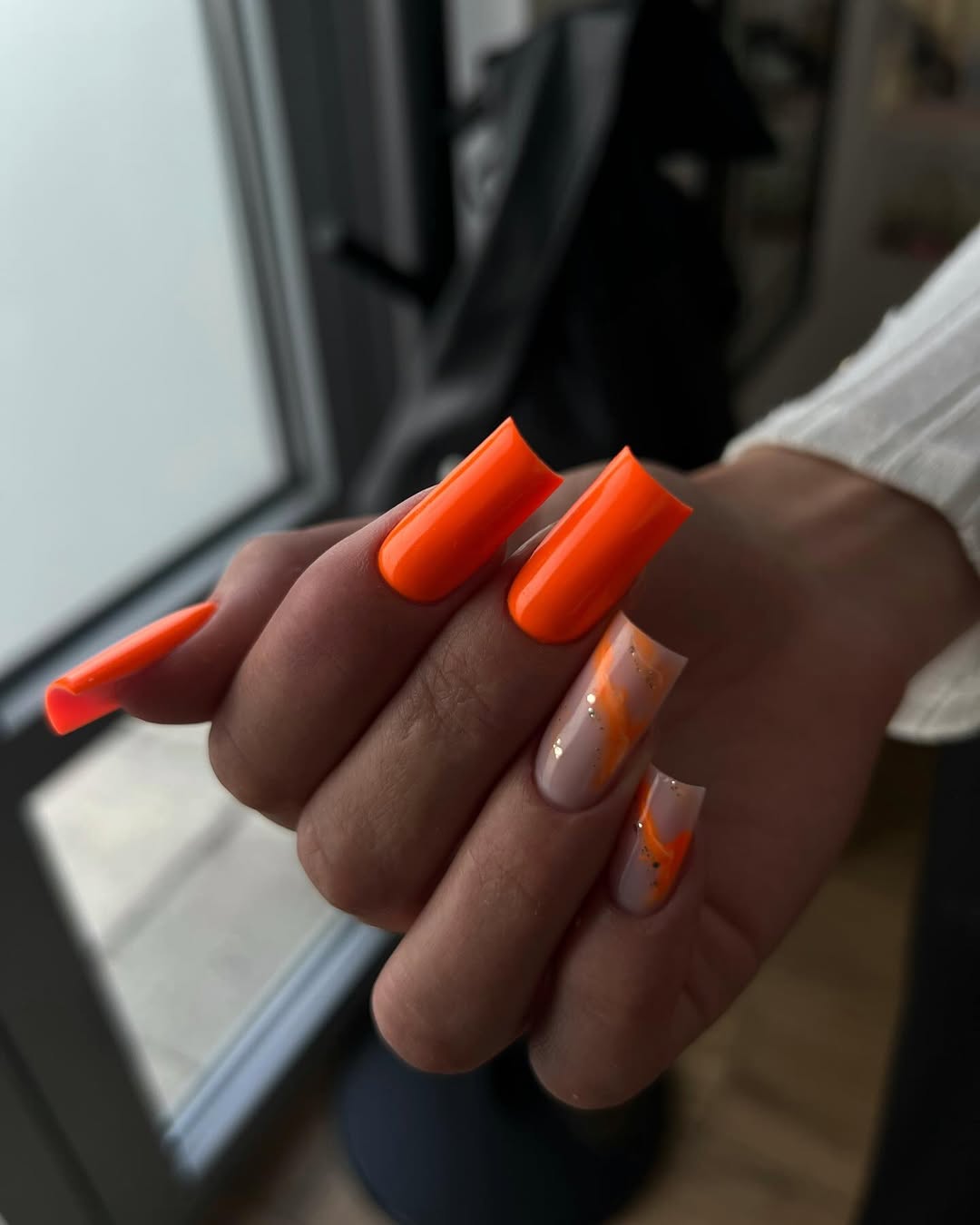 Neon Orange And Marble Gold Flake Coffin Nails