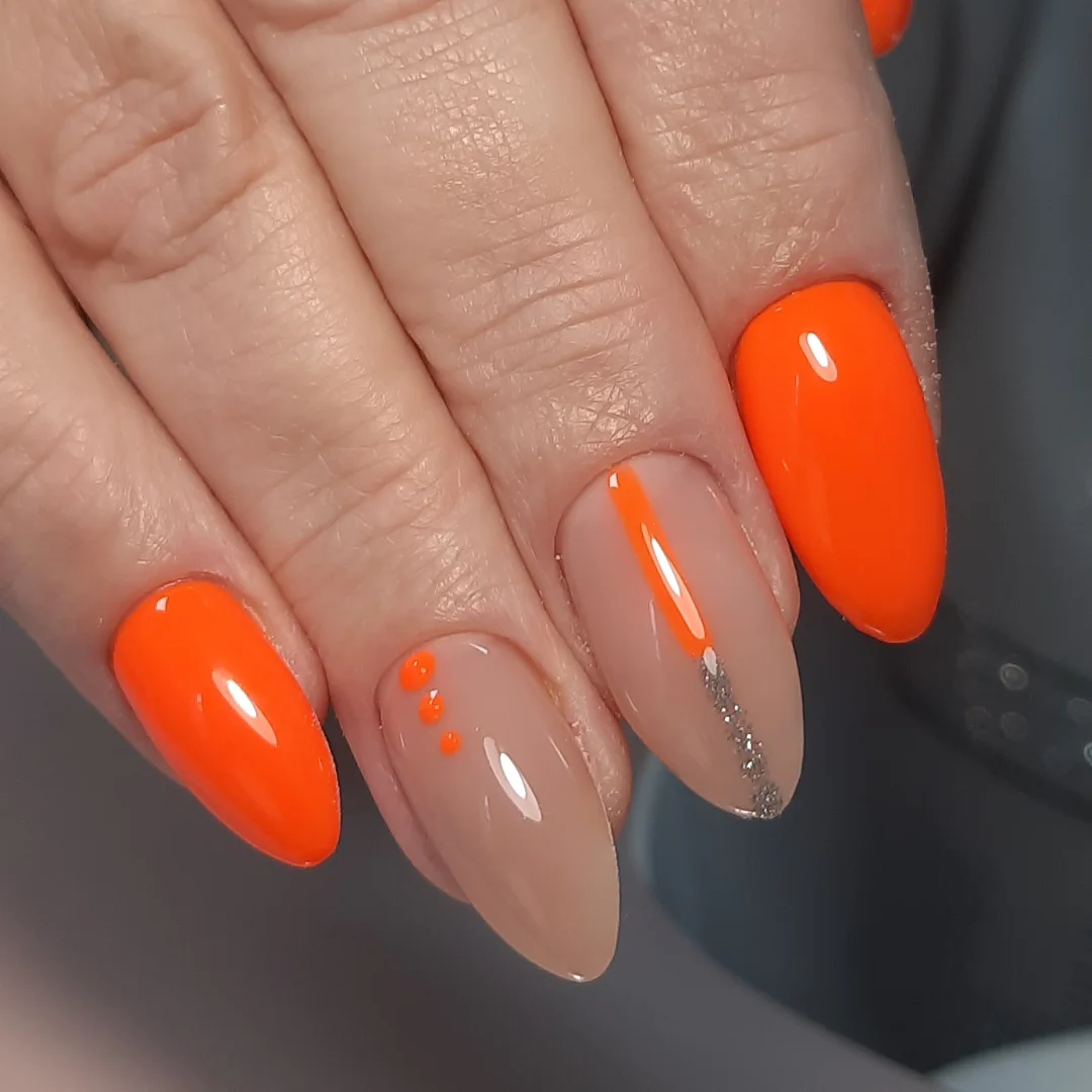 Neon Orange and Nude Abstract Accent Almond Nails