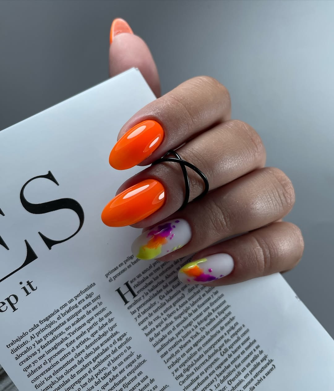 Neon Orange and Watercolor Art Almond Nails