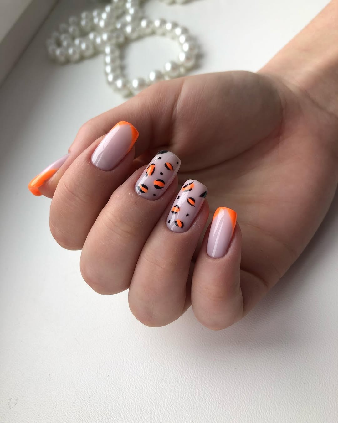Neon Orange French Tip & Leopard Print Nails