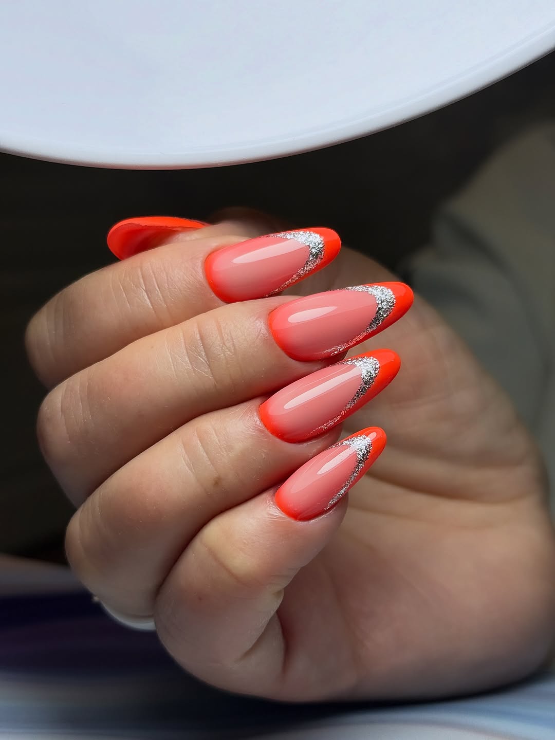Neon Orange French with Glitter Accent Almond Nails
