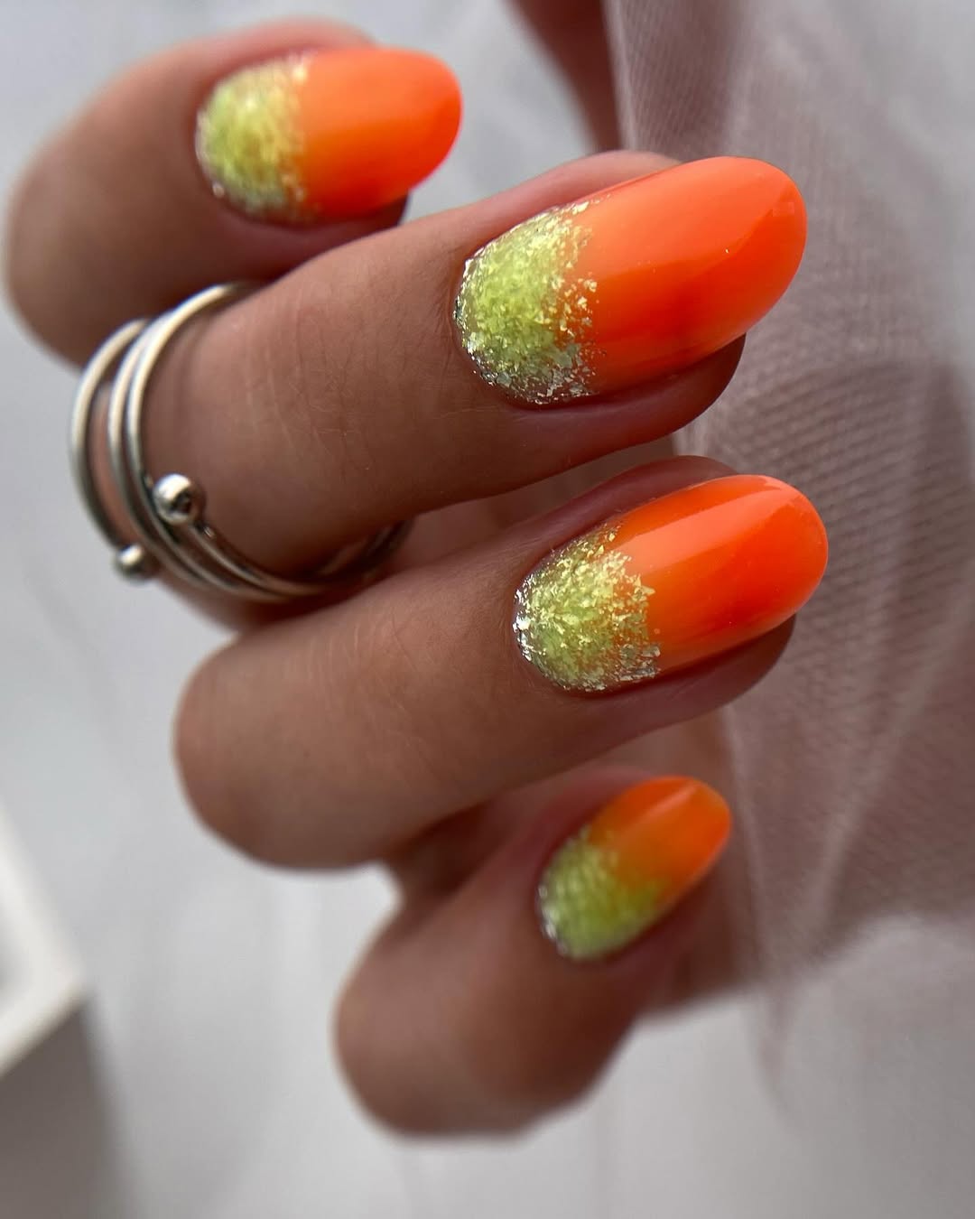 Neon Orange Yellow Glitter Ombre Gradient Nails
