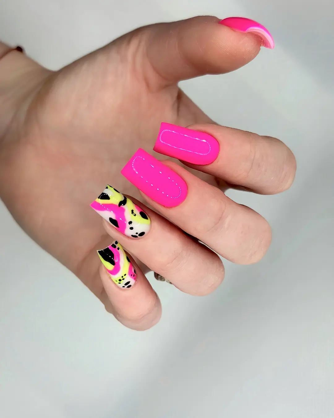 Neon Pink and Abstract Swirl Coffin Nails