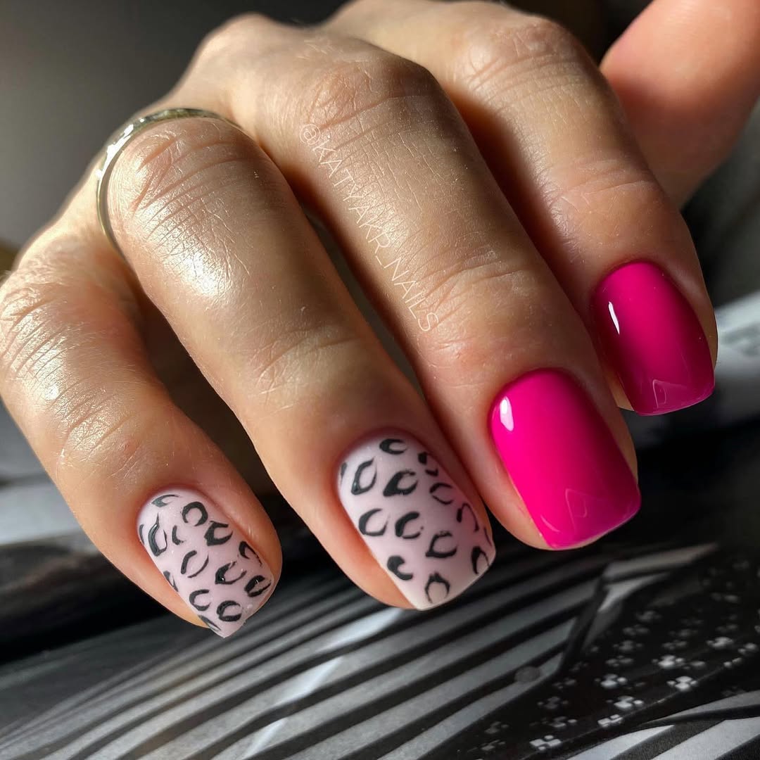 Neon Pink and Frosted Leopard Print Squoval Nails