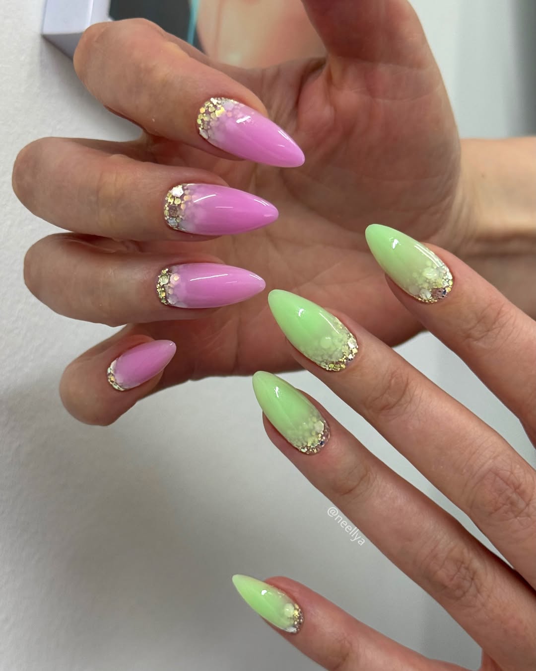 Neon Pink and Green Jelly Glimmer Stiletto Nails