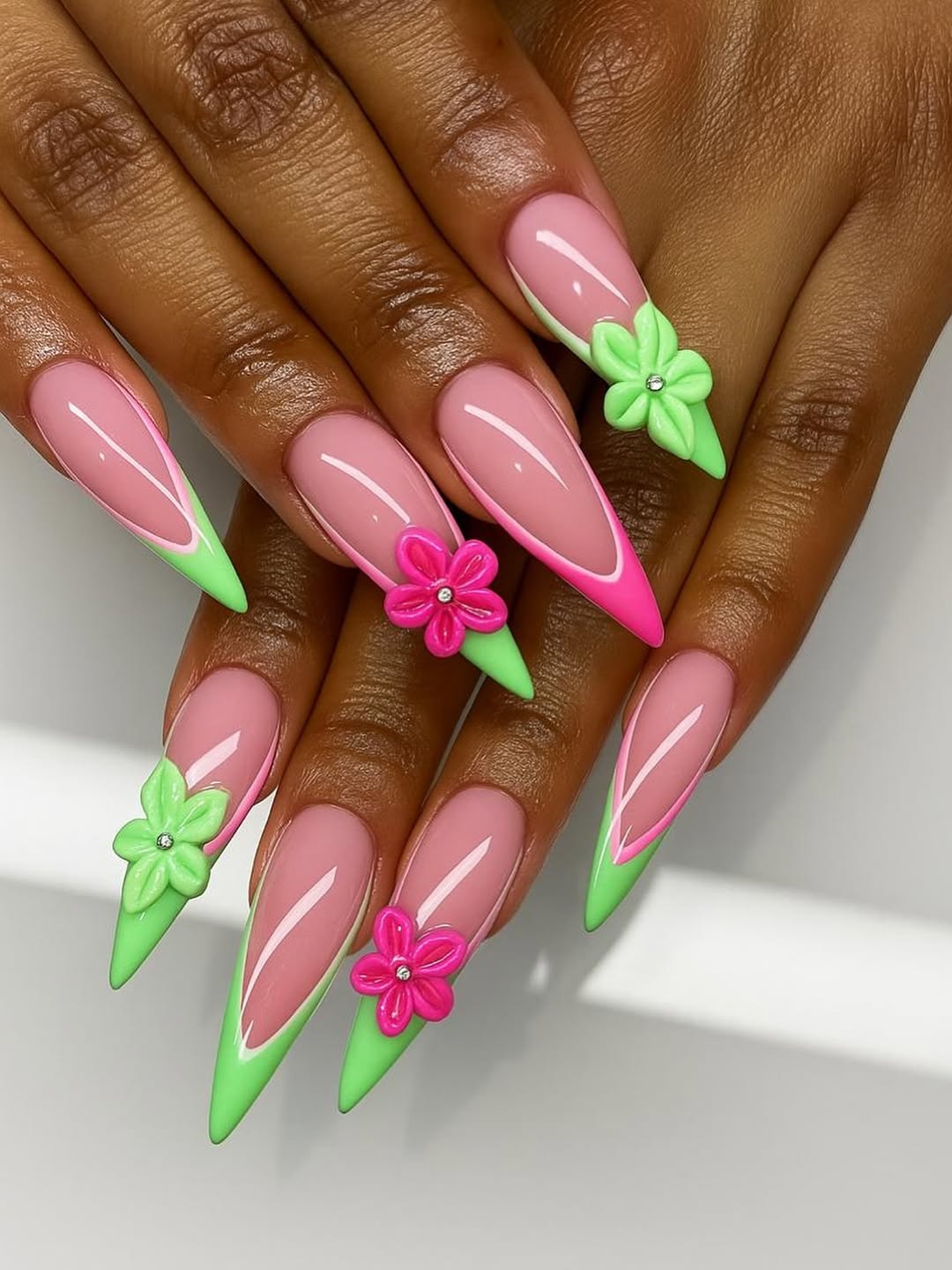 Neon Pink and Lime Green Stiletto French Tips with 3D Flowers