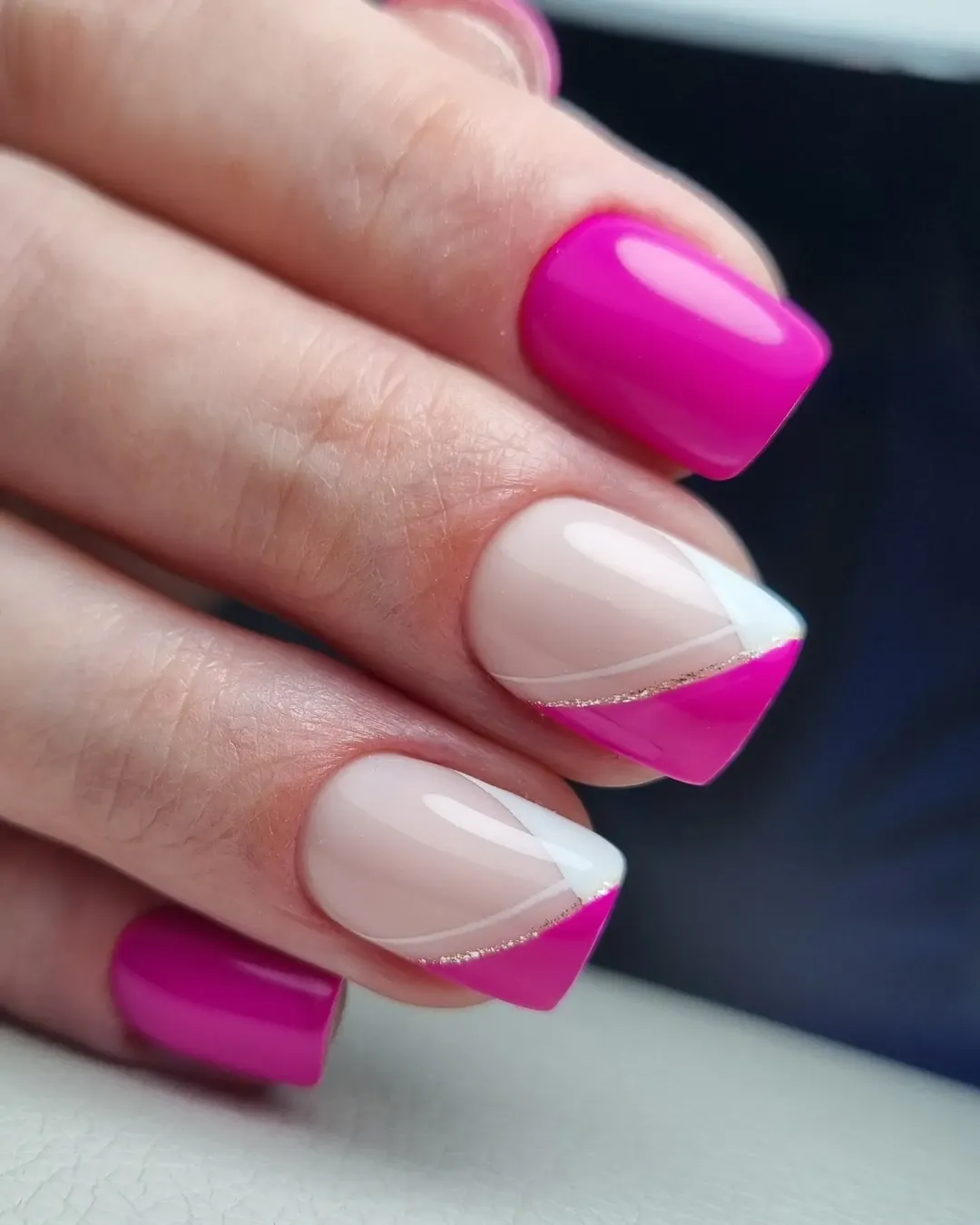 Neon Pink And Nude Skewed French Tips