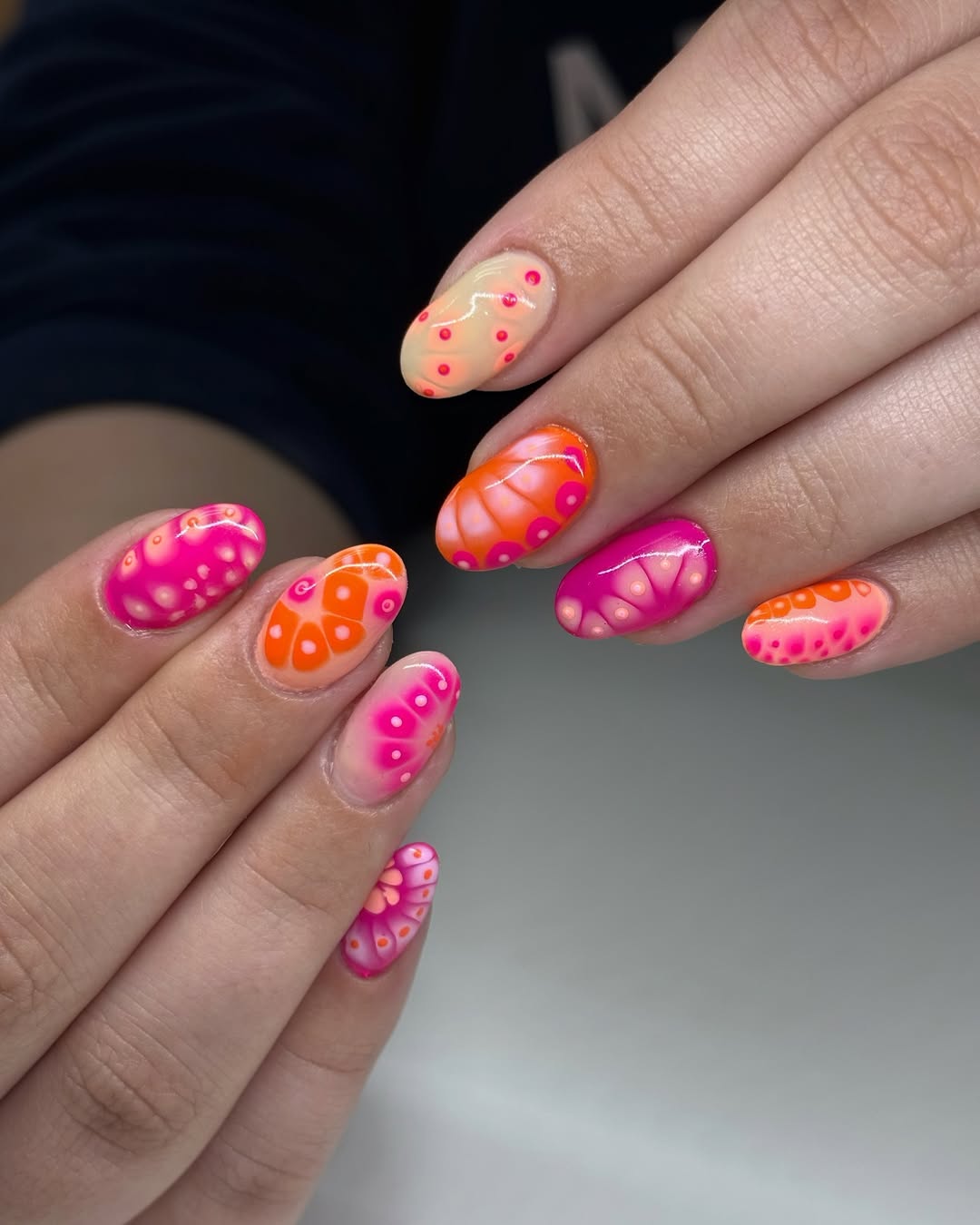 Neon Pink and Orange Blob Dot Summer Nails
