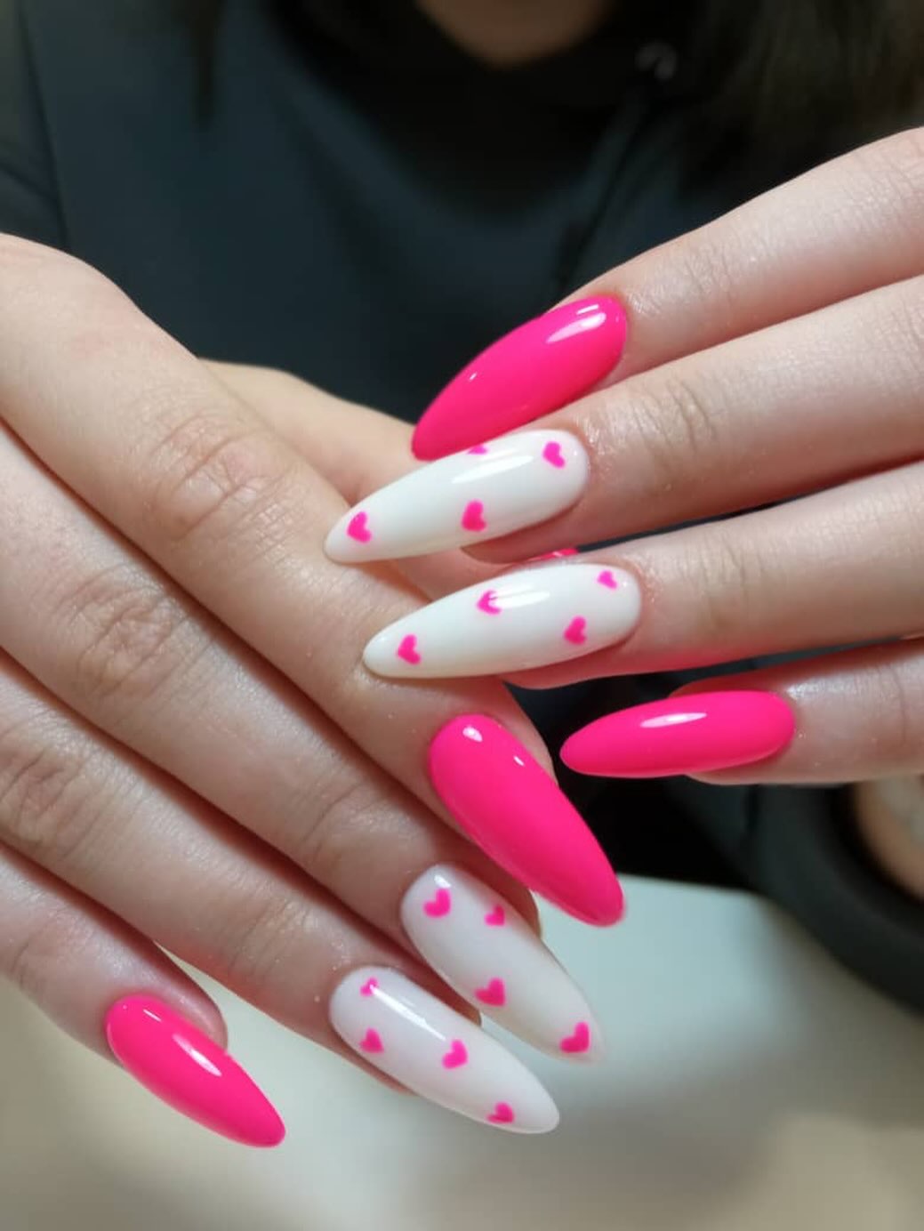 Neon Pink and White Heart Almond Nails