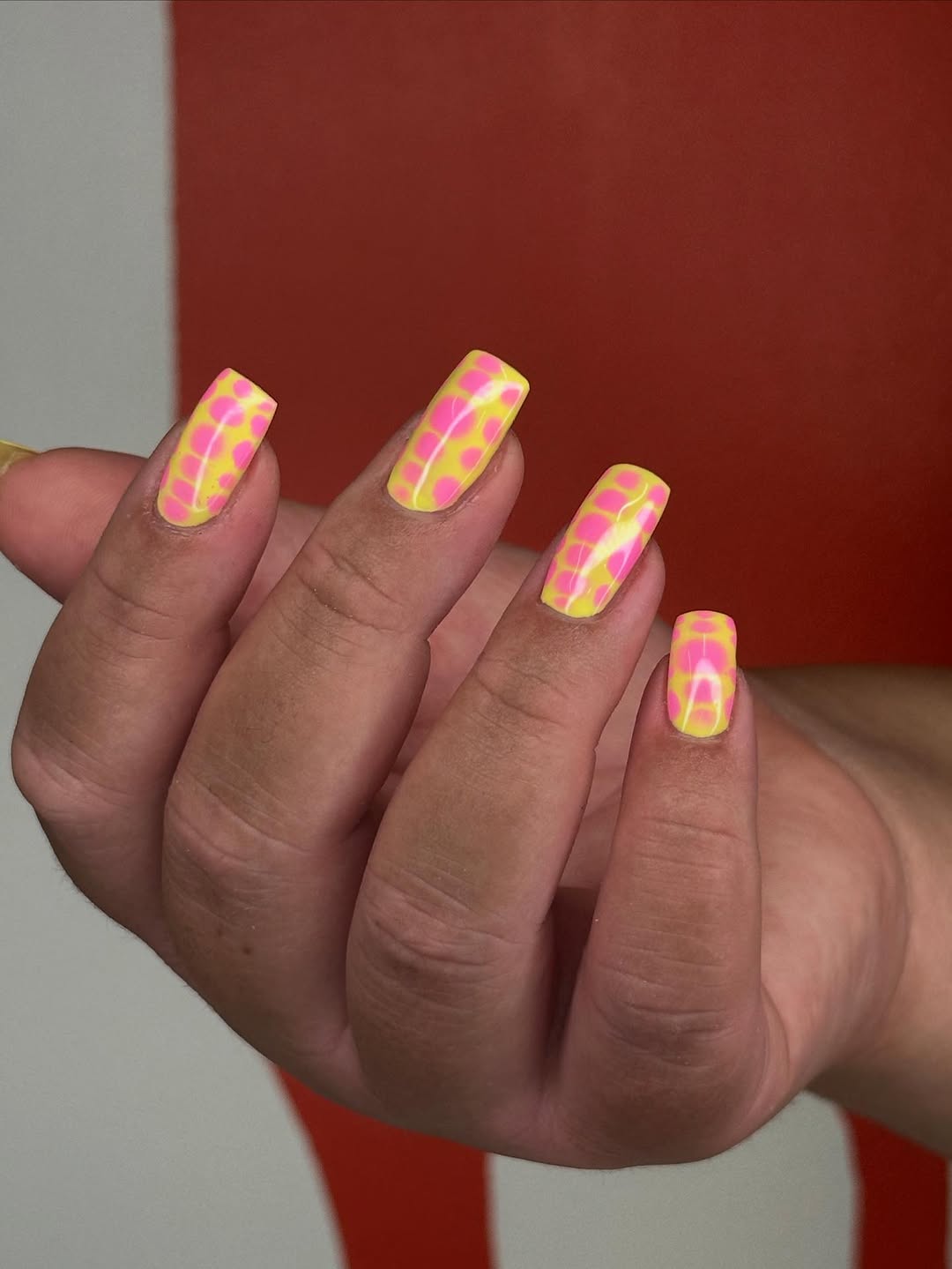Neon Pink and Yellow Swirl Glossy Square Nails