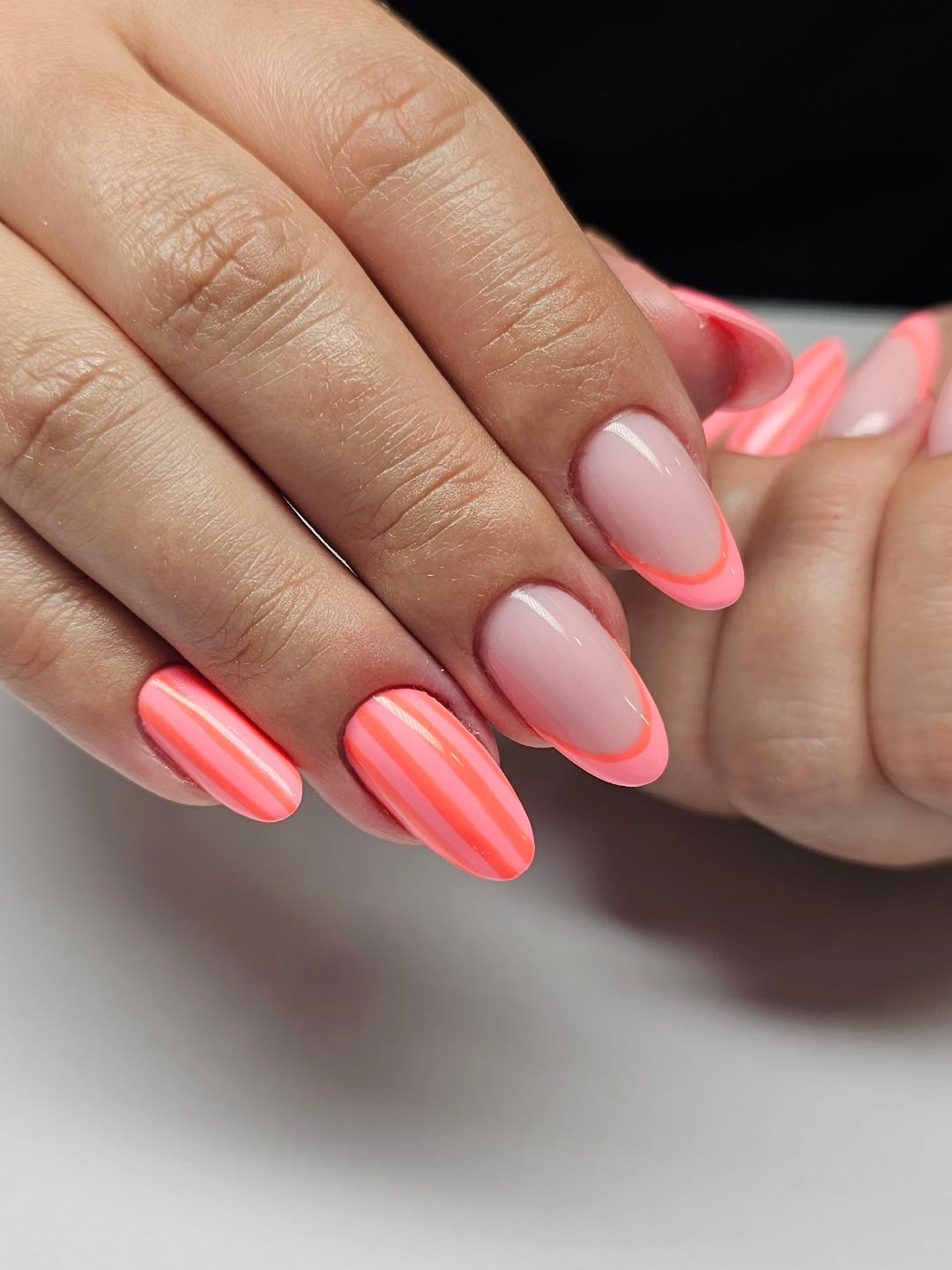 Neon Pink French Tips and Stripe Accent Nails