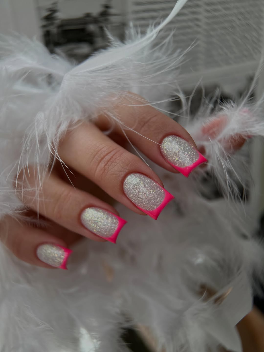 Neon Pink French Tips with Glitter Base