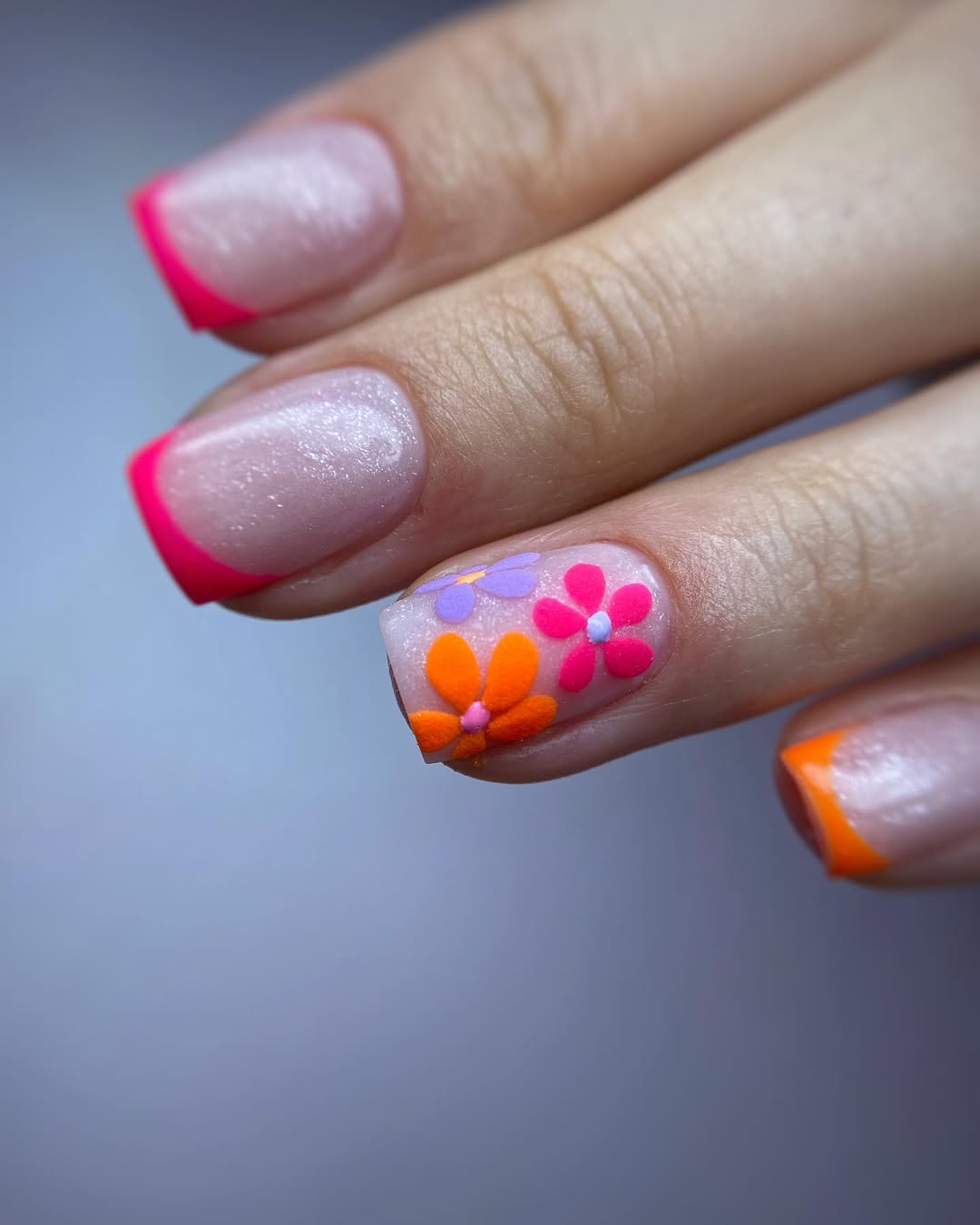 Neon Pink French Tips with Textured Flower Art