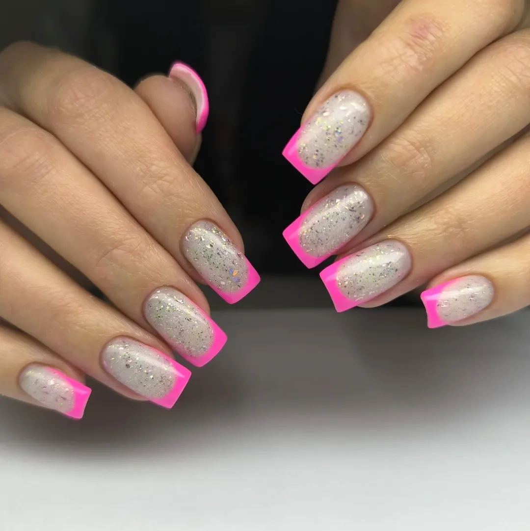 Neon Pink Glitter French Tip Square Nails