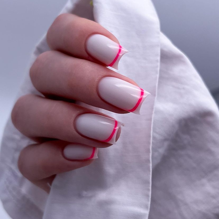 Neon Pink Lined French Tip Nails
